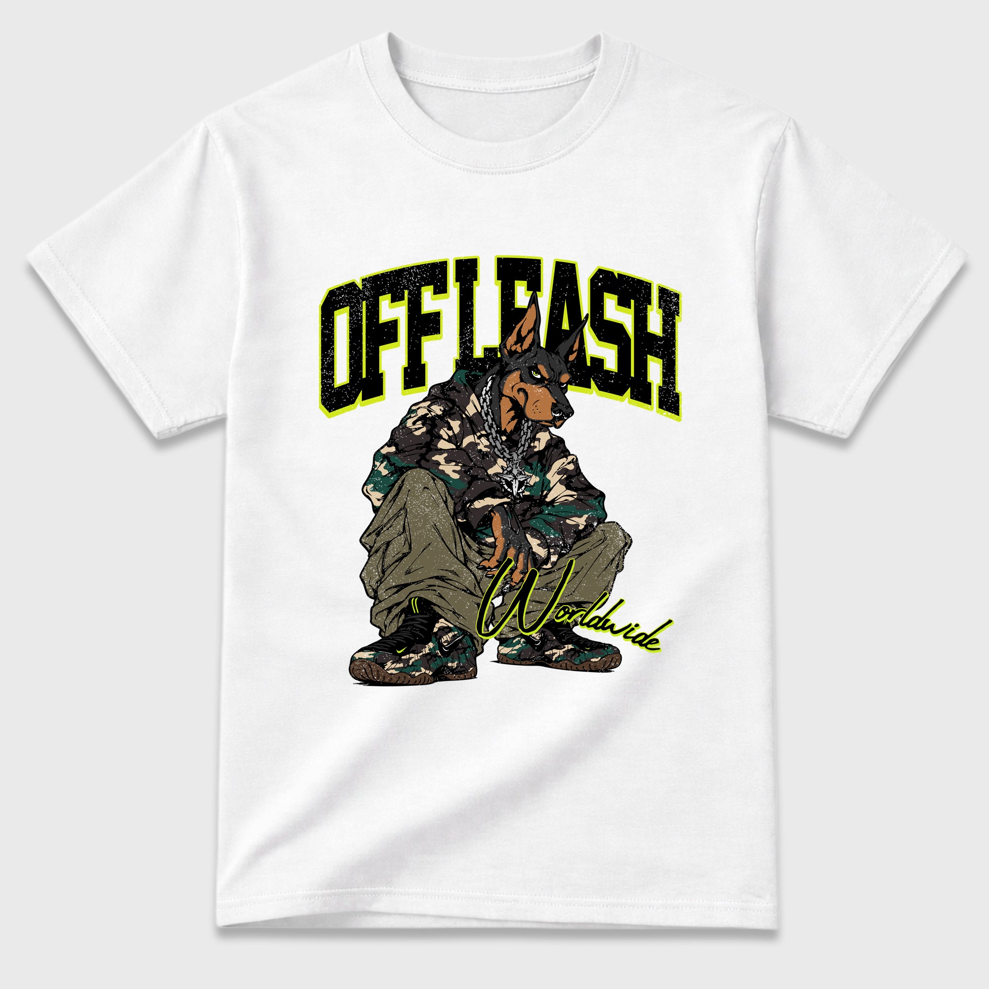 Off Leash Graphic T-Shirt featuring original streetwear artwork designed to match the Air Foamposite Pro Green Camo. White 2 Graphic T-Shirt.