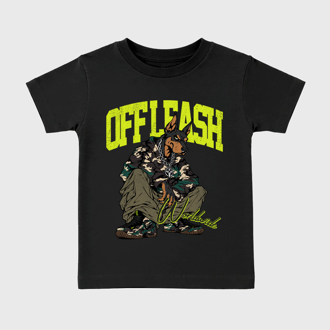 Off Leash Baby & Kids Graphic T-Shirt featuring original artwork designed to match the Air Foamposite Pro Green Camo. Black 2 Kids Graphic Tee.