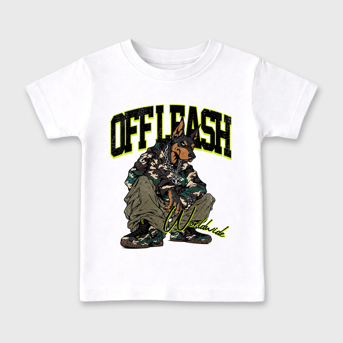 Off Leash Baby & Kids Graphic T-Shirt featuring original artwork designed to match the Air Foamposite Pro Green Camo. White 2 Kids Graphic Tee.