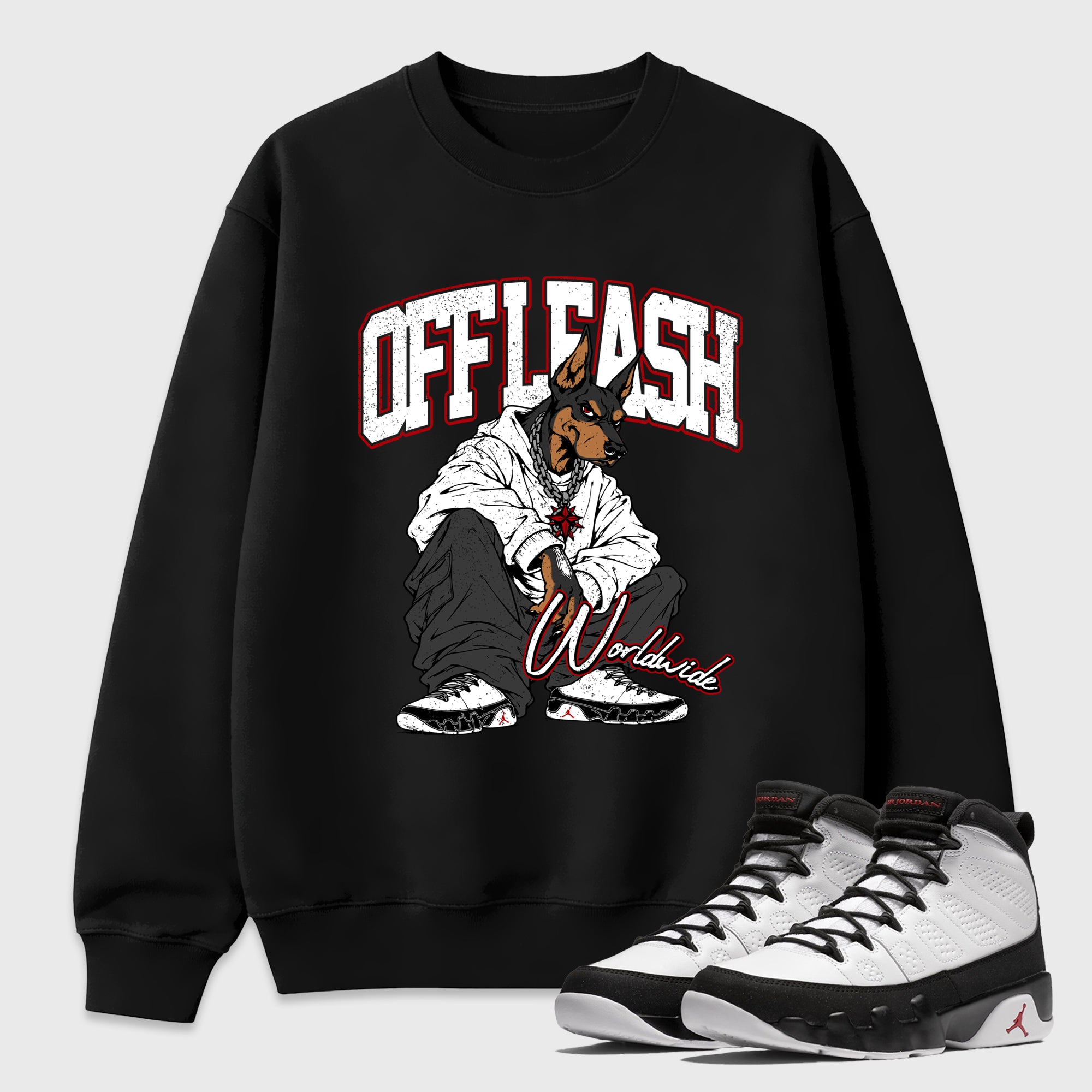 Off Leash Graphic T-Shirt featuring original streetwear artwork designed to match the Air Jordan 9 True Red. Black 1 Graphic Tee.