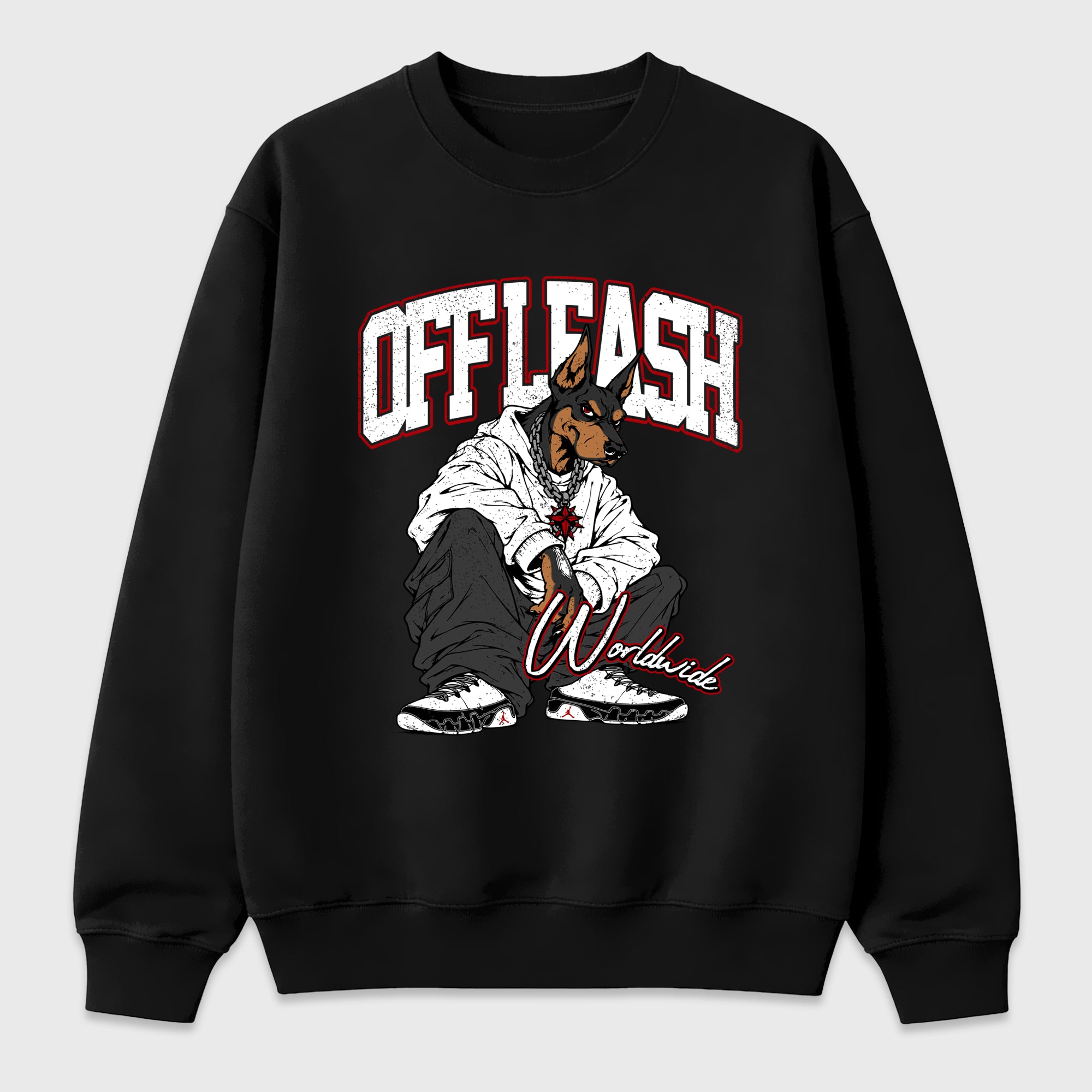 Off Leash Graphic T-Shirt featuring original streetwear artwork designed to match the Air Jordan 9 True Red. Black 2 Graphic Tee.