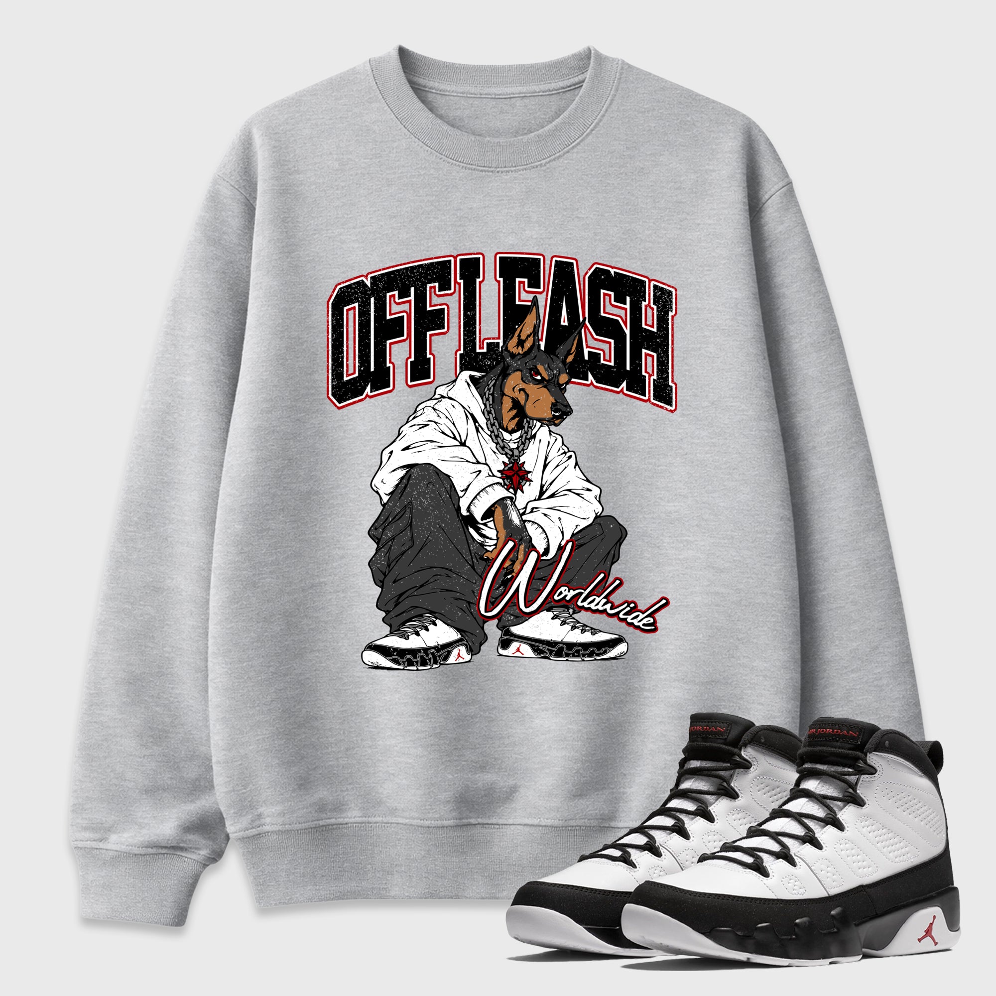 Off Leash Graphic T-Shirt featuring original streetwear artwork designed to match the Air Jordan 9 True Red. Heather Grey 1 Graphic Tee.