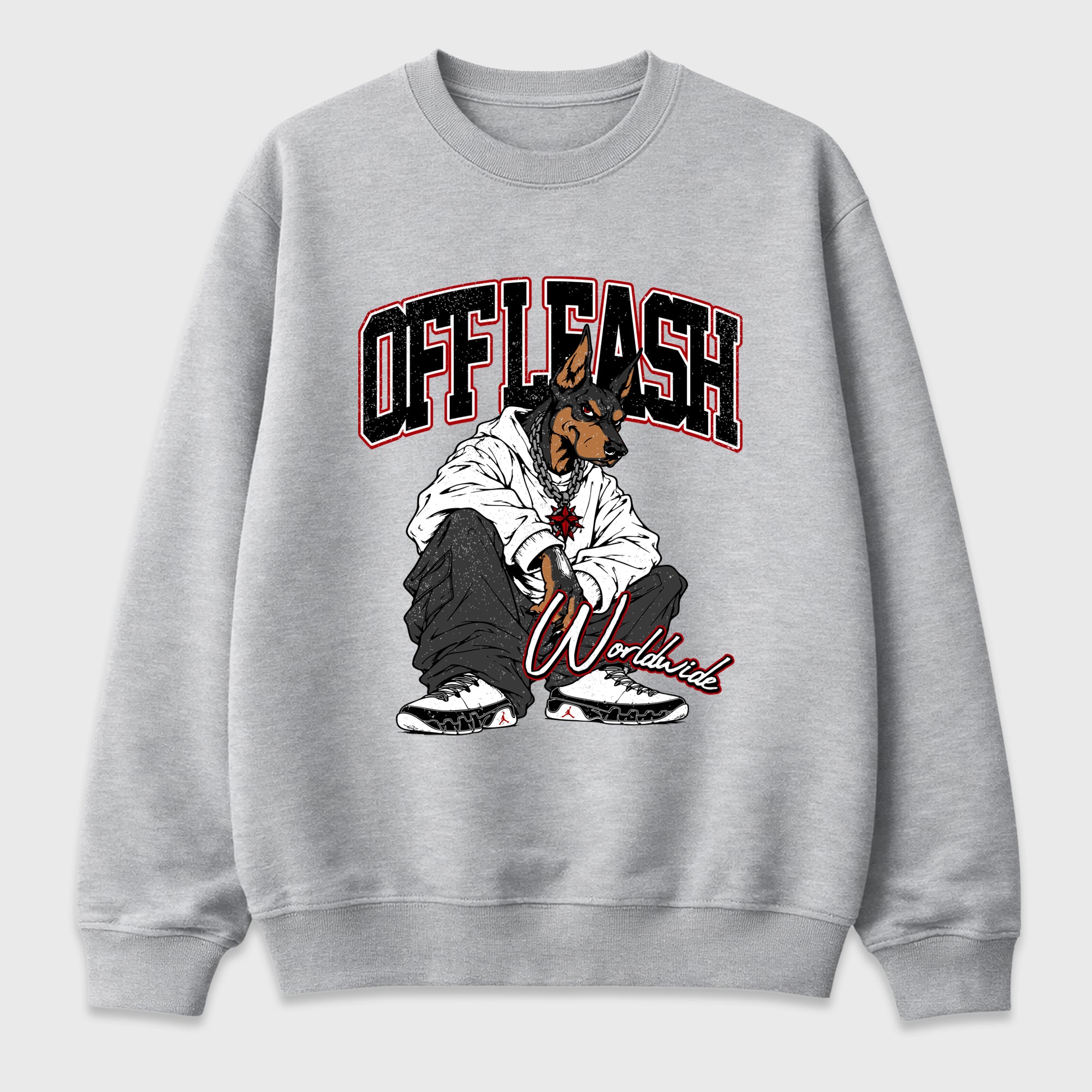 Off Leash Graphic T-Shirt featuring original streetwear artwork designed to match the Air Jordan 9 True Red. Heather Grey 2 Graphic Tee.