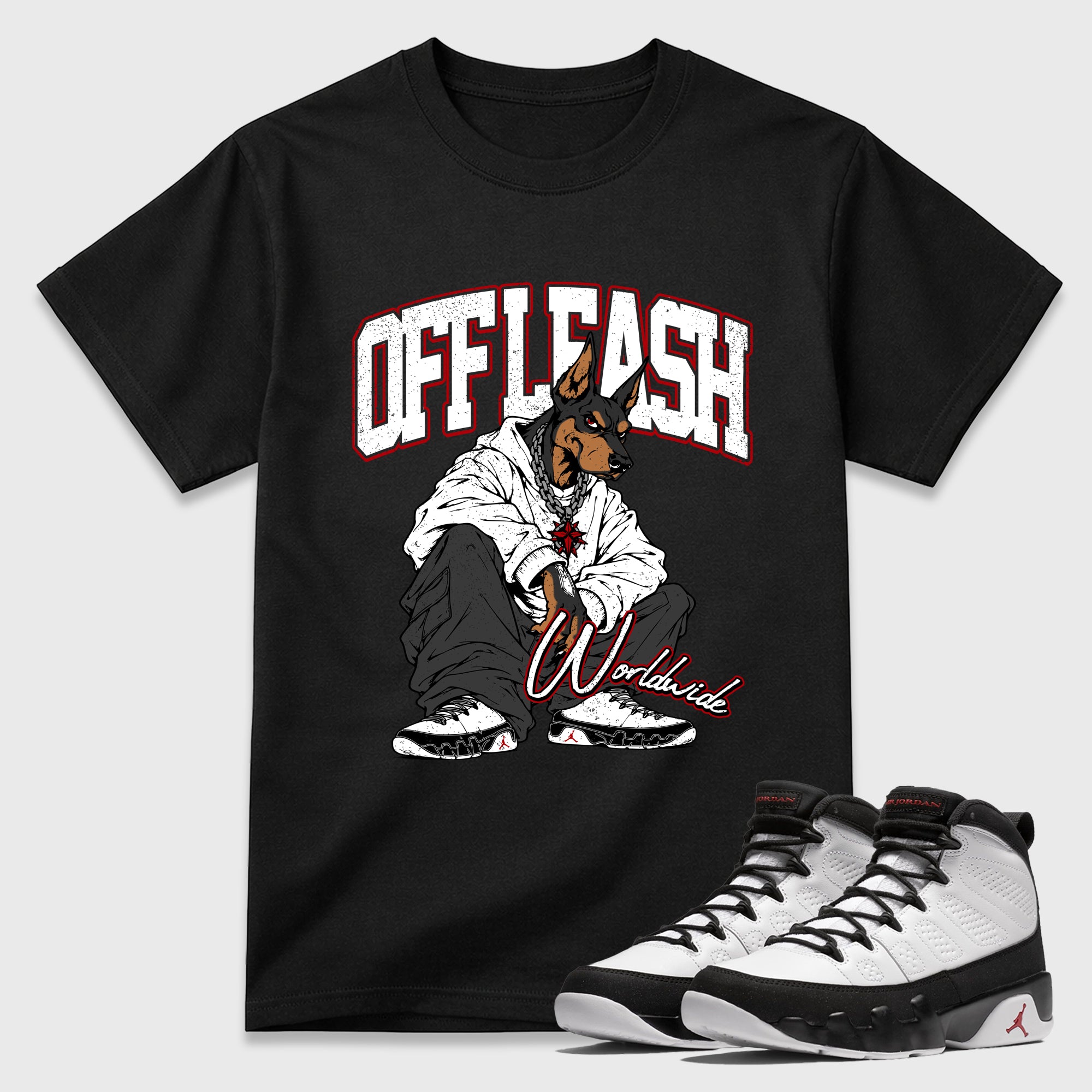 Off Leash Graphic T-Shirt featuring original streetwear artwork designed to match the Air Jordan 9 True Red. Black 1 Graphic T-Shirt.