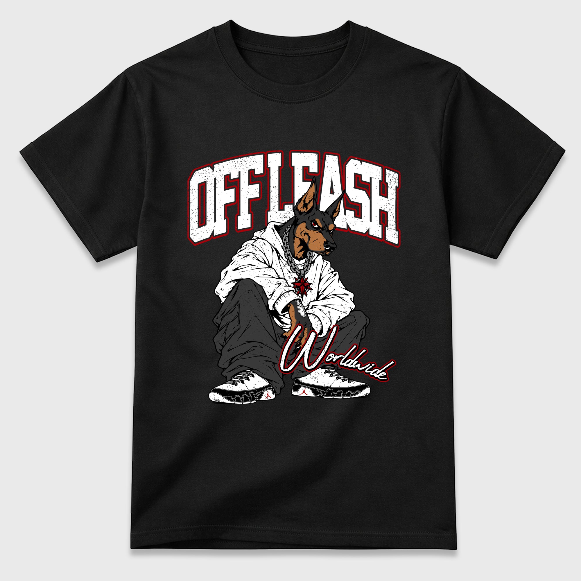 Off Leash Graphic T-Shirt featuring original streetwear artwork designed to match the Air Jordan 9 True Red. Black 2 Graphic T-Shirt.