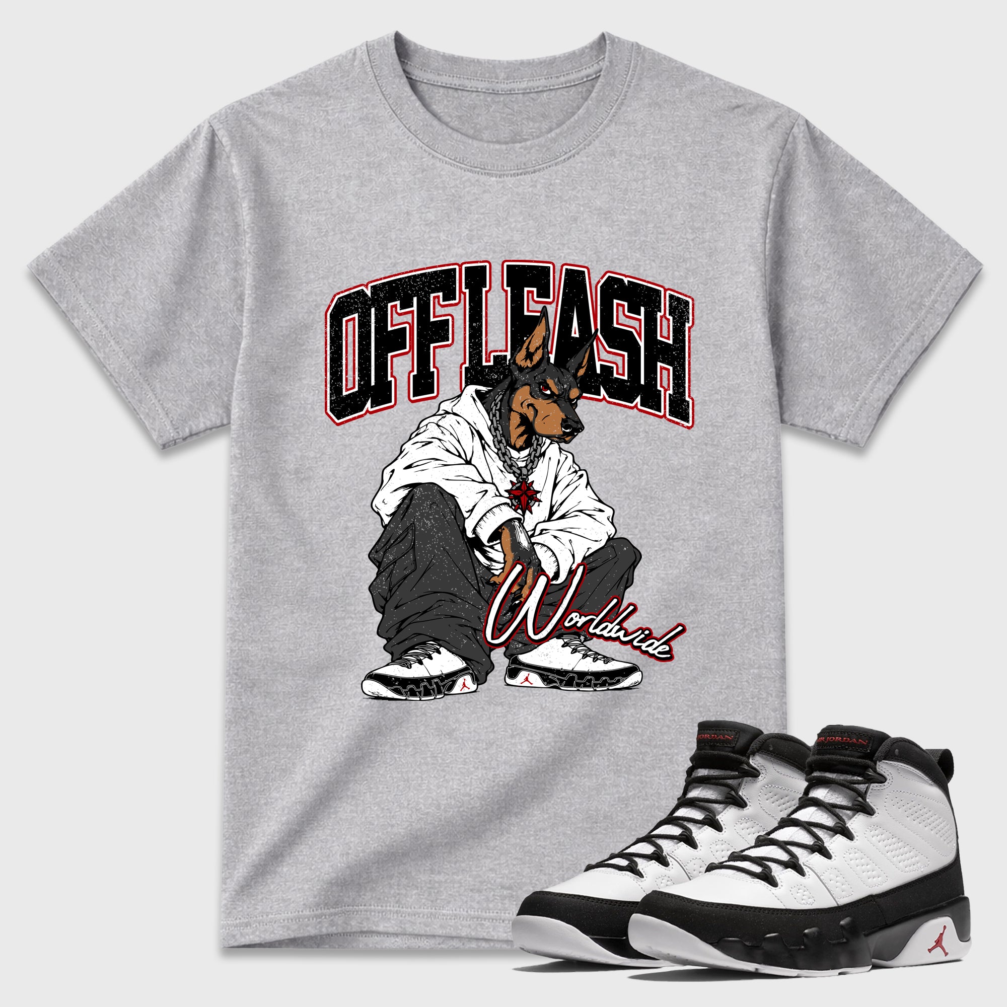 Off Leash Graphic T-Shirt featuring original streetwear artwork designed to match the Air Jordan 9 True Red. Heather Grey 1 Graphic T-Shirt.
