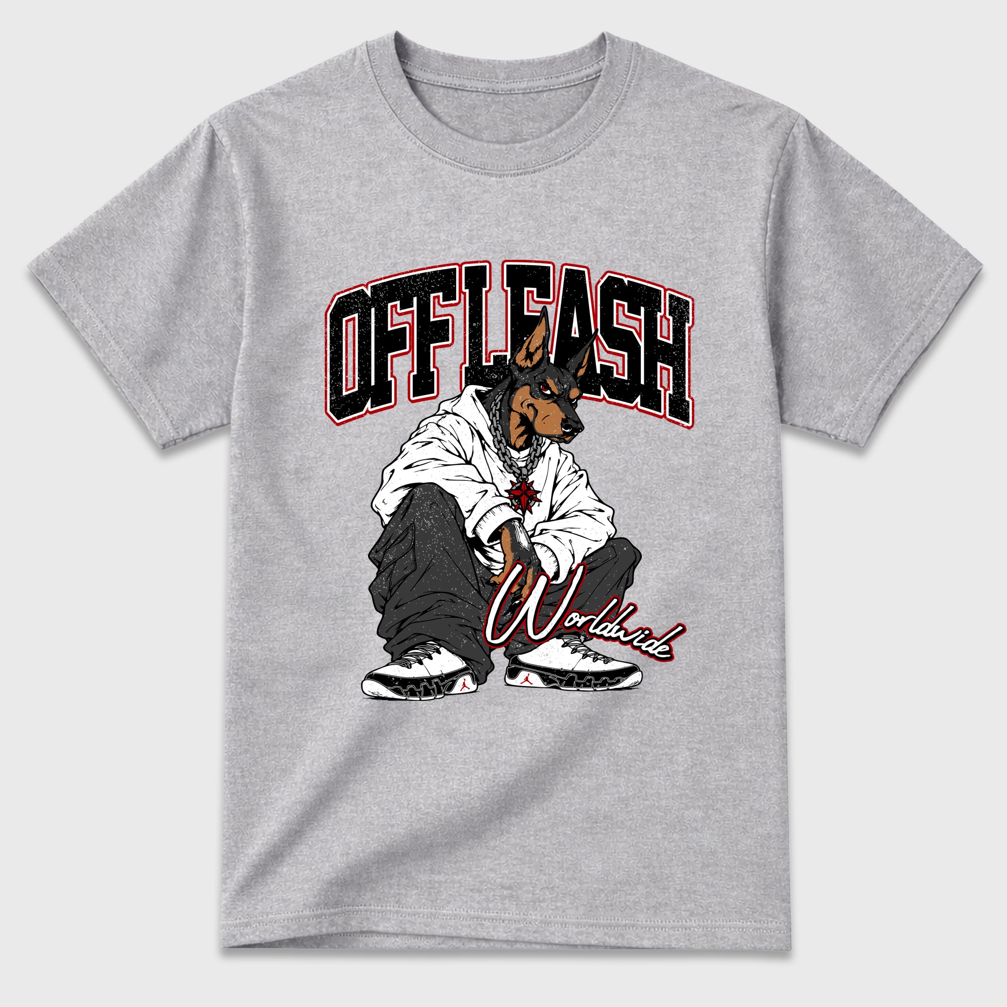 Off Leash Graphic T-Shirt featuring original streetwear artwork designed to match the Air Jordan 9 True Red. Heather Grey 2 Graphic T-Shirt.