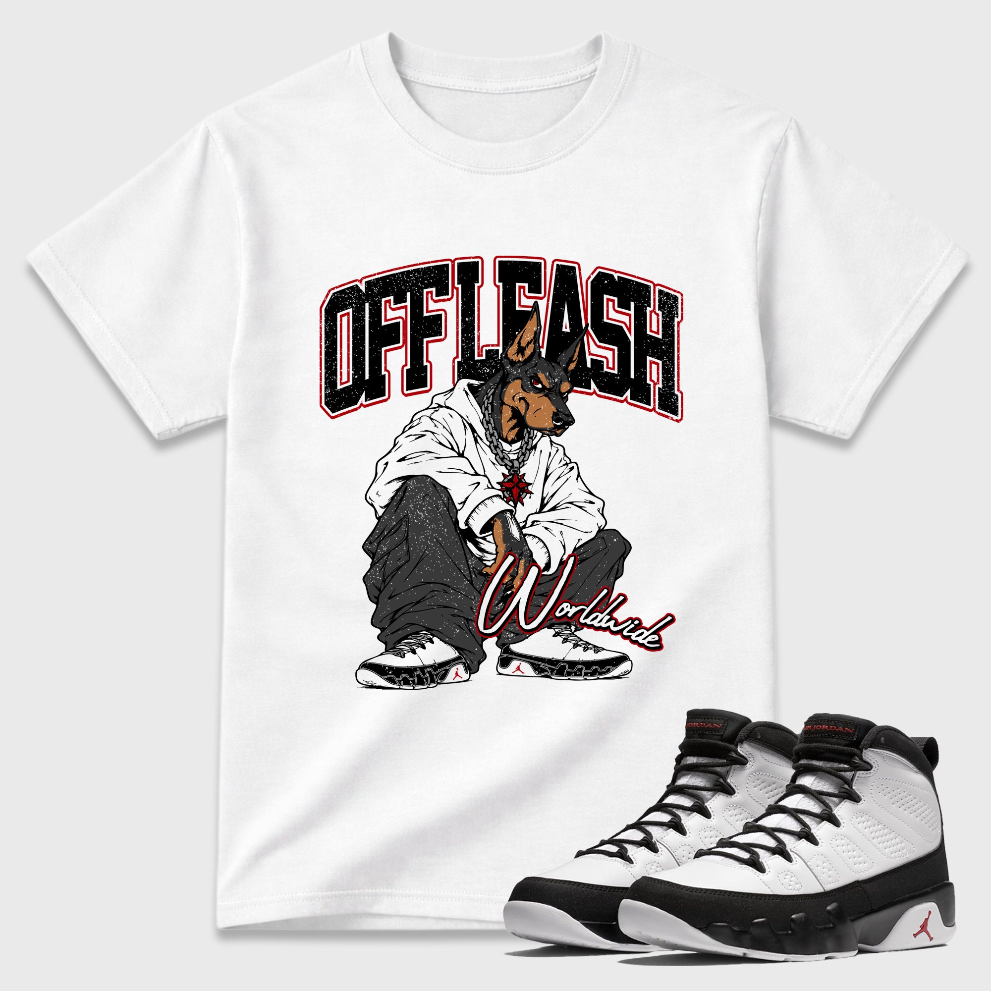 Off Leash Graphic T-Shirt featuring original streetwear artwork designed to match the Air Jordan 9 True Red. White 1 Graphic T-Shirt.