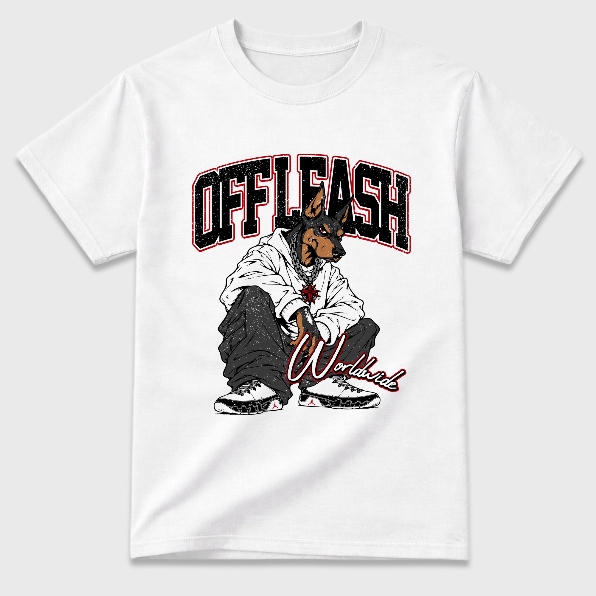 Off Leash Graphic T-Shirt featuring original streetwear artwork designed to match the Air Jordan 9 True Red. White 2 Graphic T-Shirt.