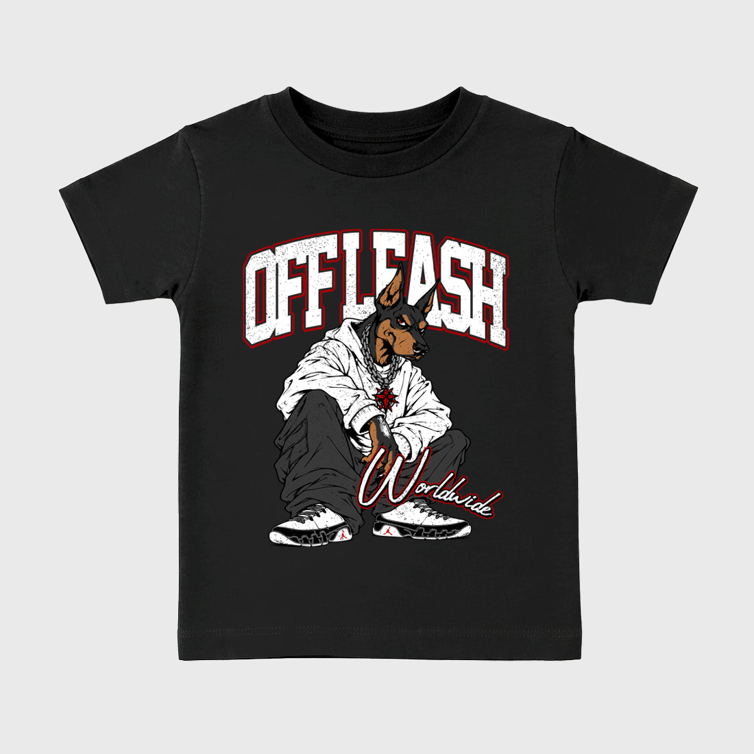 Off Leash Baby & Kids Graphic T-Shirt featuring original artwork designed to match the Air Jordan 9 True Red. Black 2 Kids Graphic Tee.