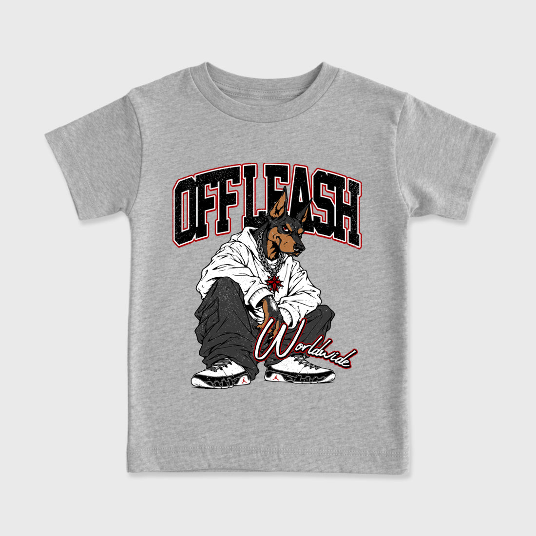 Off Leash Baby & Kids Graphic T-Shirt featuring original artwork designed to match the Air Jordan 9 True Red. Heather Grey 2 Kids Graphic Tee.