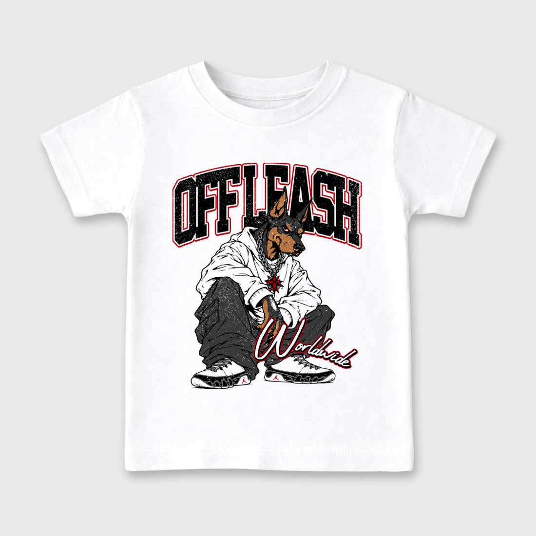 Off Leash Baby & Kids Graphic T-Shirt featuring original artwork designed to match the Air Jordan 9 True Red. White 2 Kids Graphic Tee.