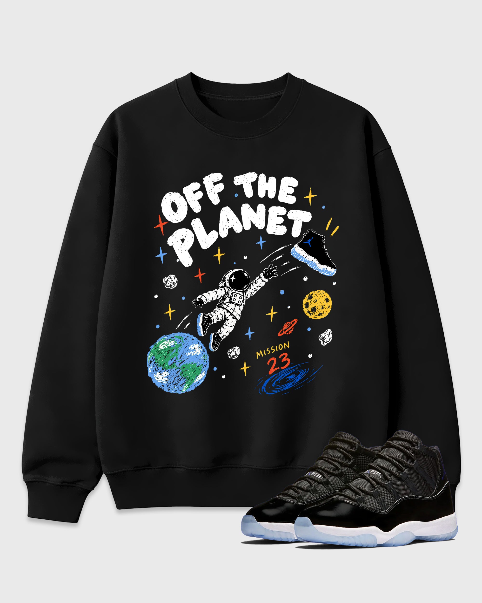 Off the Planet Graphic T-Shirt featuring original streetwear artwork designed to match the Air Jordan 11 Retro Space Jam. Black 1 Graphic Tee.