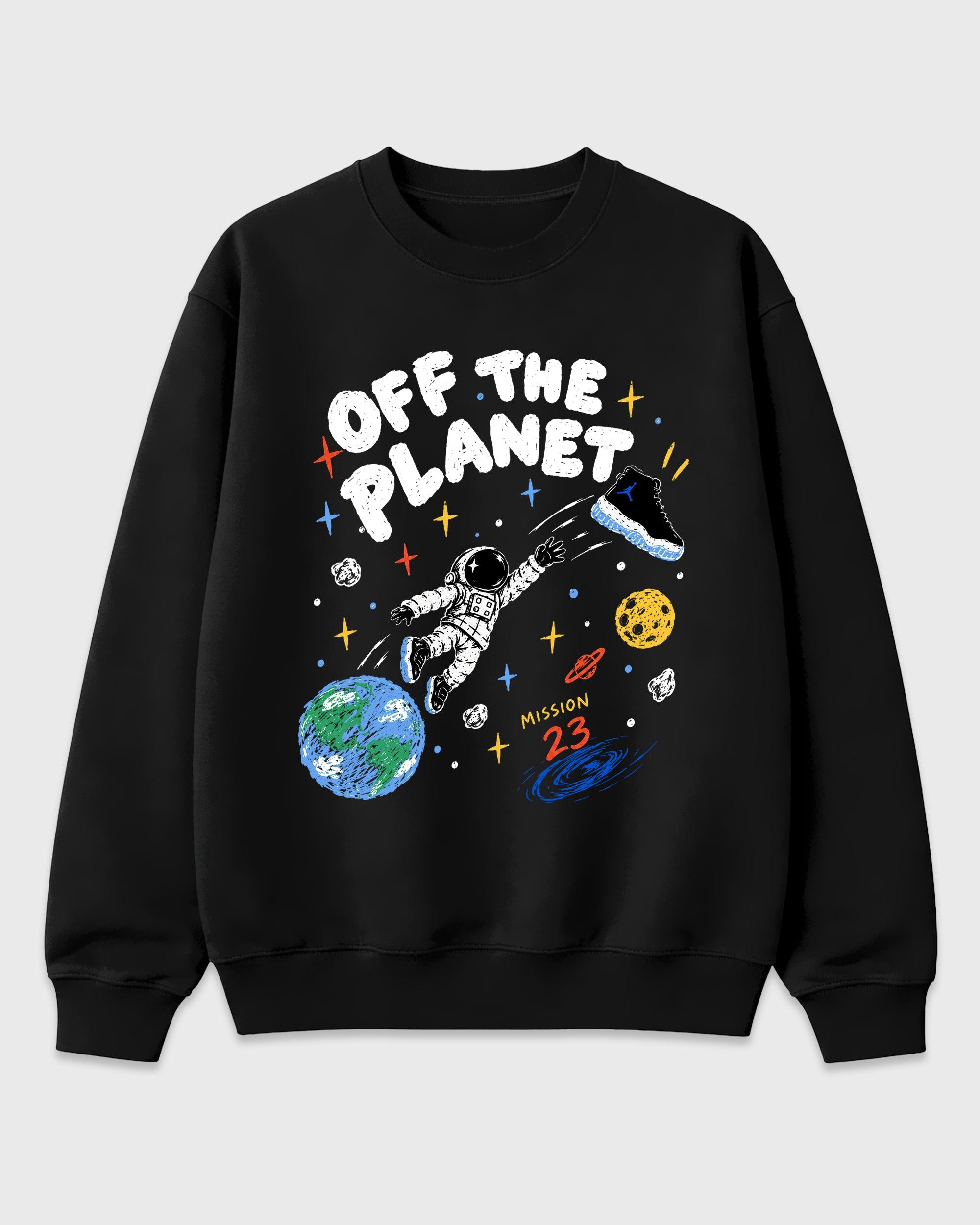 Off the Planet Graphic T-Shirt featuring original streetwear artwork designed to match the Air Jordan 11 Retro Space Jam. Black 2 Graphic Tee.