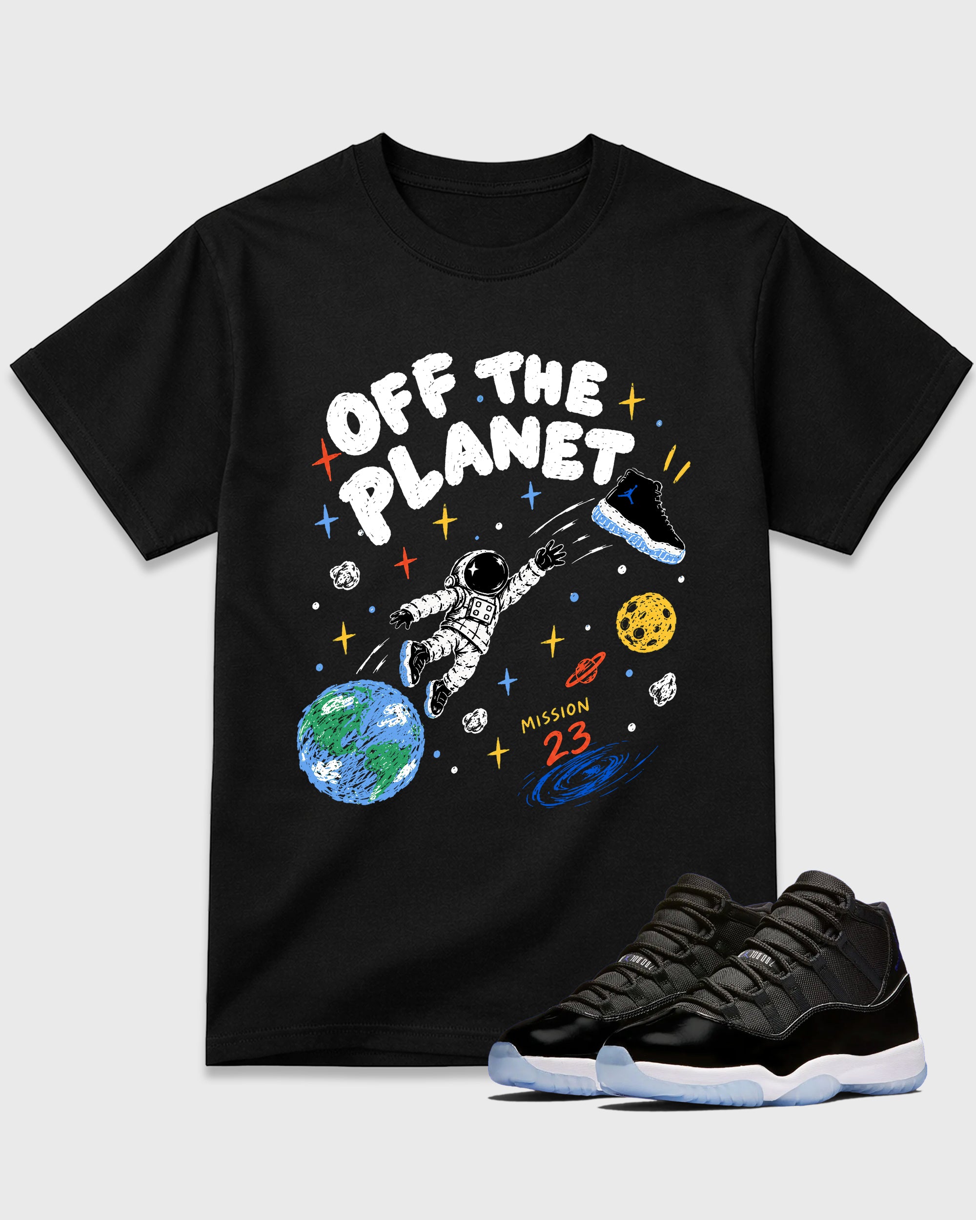 Off the Planet Graphic T-Shirt featuring original streetwear artwork designed to match the Air Jordan 11 Retro Space Jam. Black 1 Graphic T-Shirt.