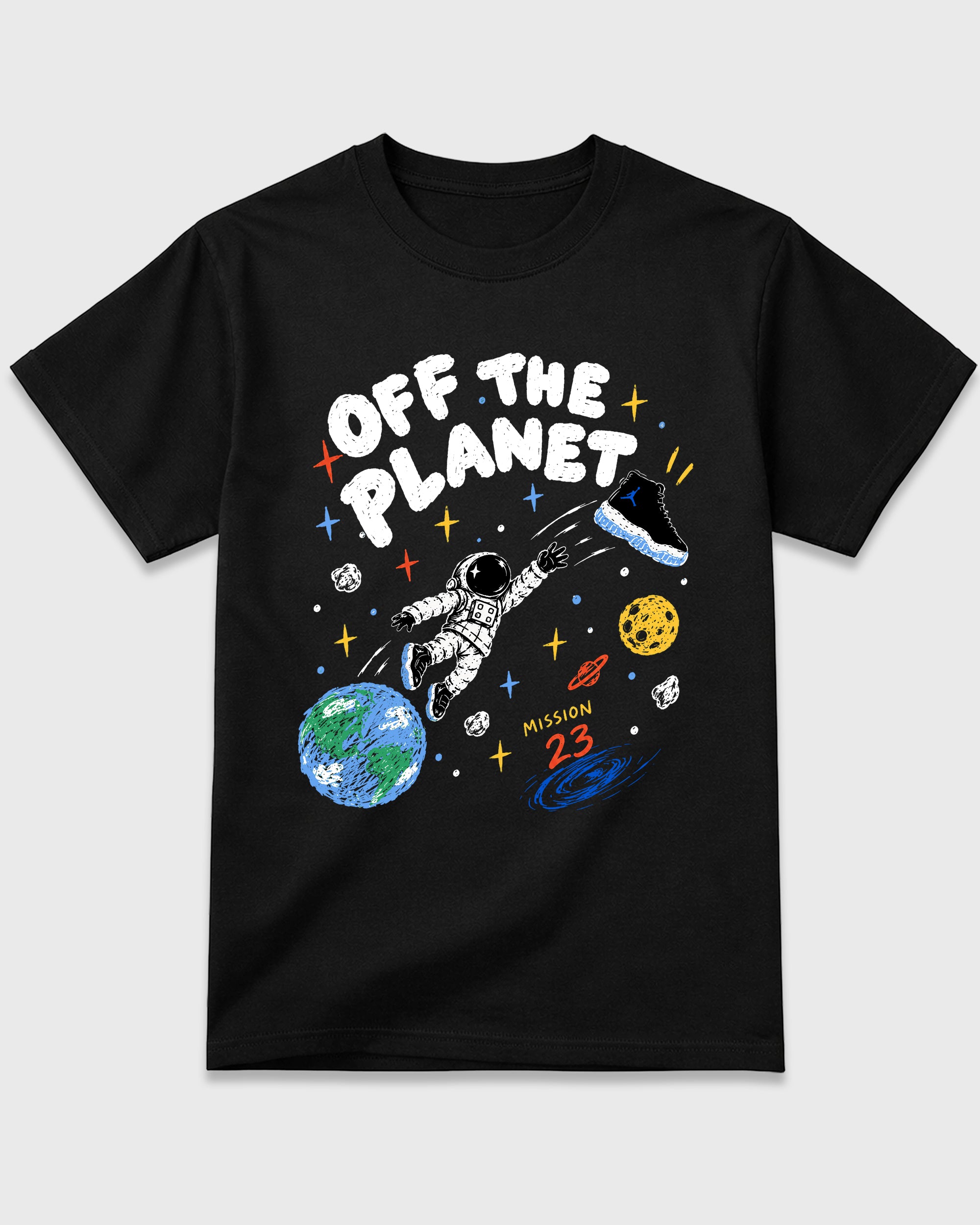 Off the Planet Graphic T-Shirt featuring original streetwear artwork designed to match the Air Jordan 11 Retro Space Jam. Black 2 Graphic T-Shirt.