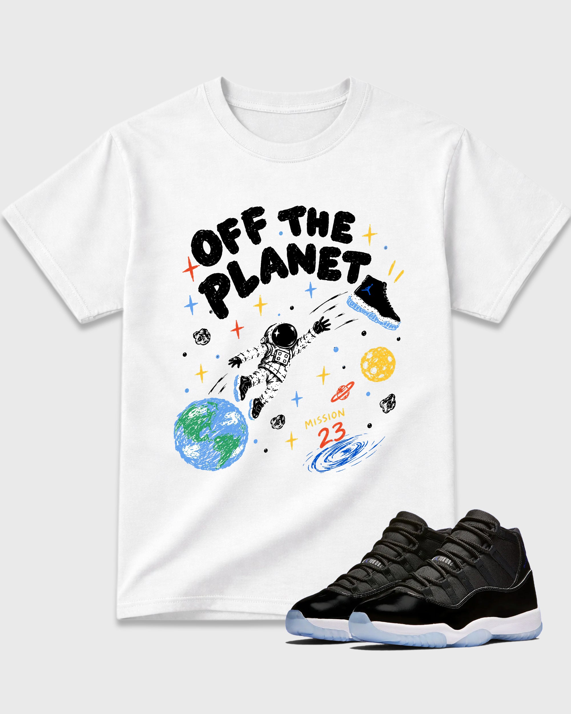 Off the Planet Graphic T-Shirt featuring original streetwear artwork designed to match the Air Jordan 11 Retro Space Jam. White 1 Graphic T-Shirt.