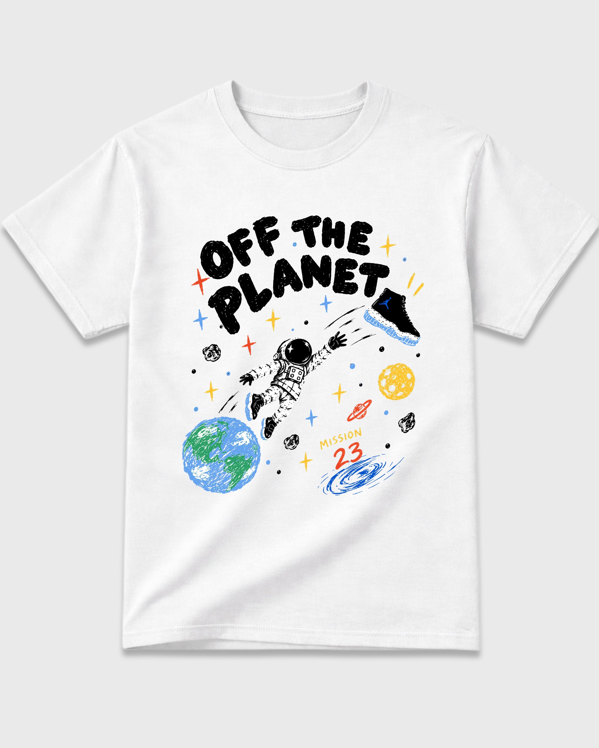 Off the Planet Graphic T-Shirt featuring original streetwear artwork designed to match the Air Jordan 11 Retro Space Jam. White 2 Graphic T-Shirt.