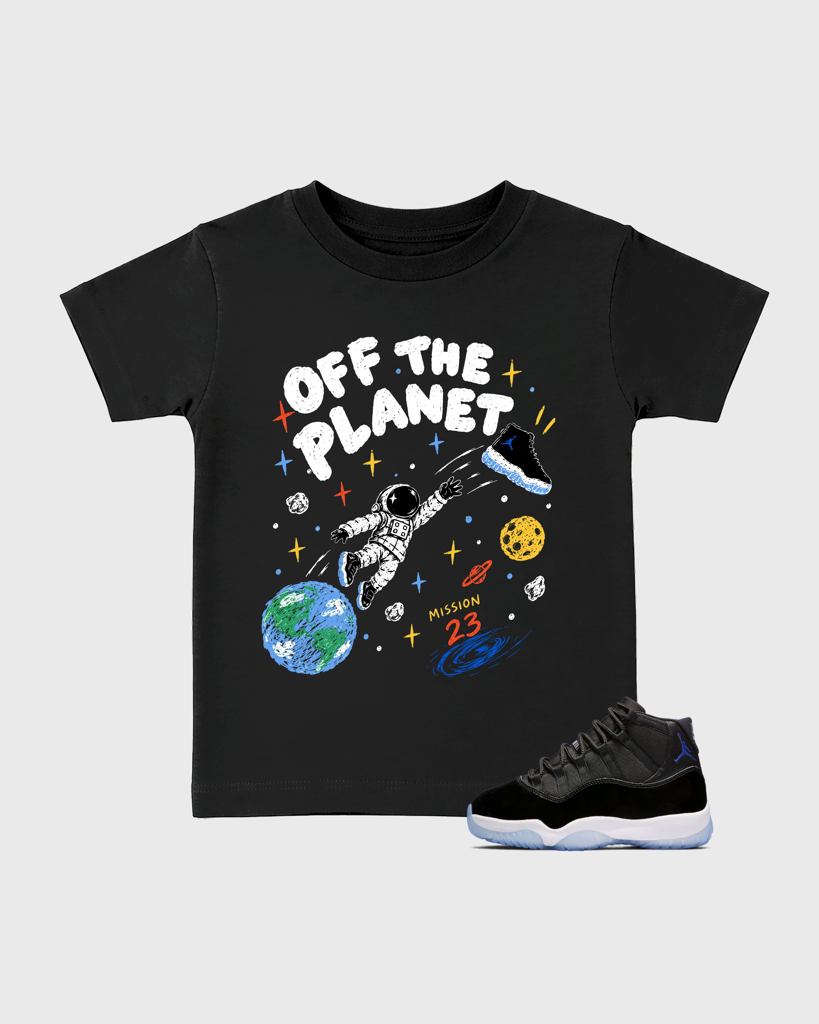 Off the Planet Baby & Kids Graphic T-Shirt featuring original artwork designed to match the Air Jordan 11 Retro Space Jam. Black 1 Kids Graphic Tee.