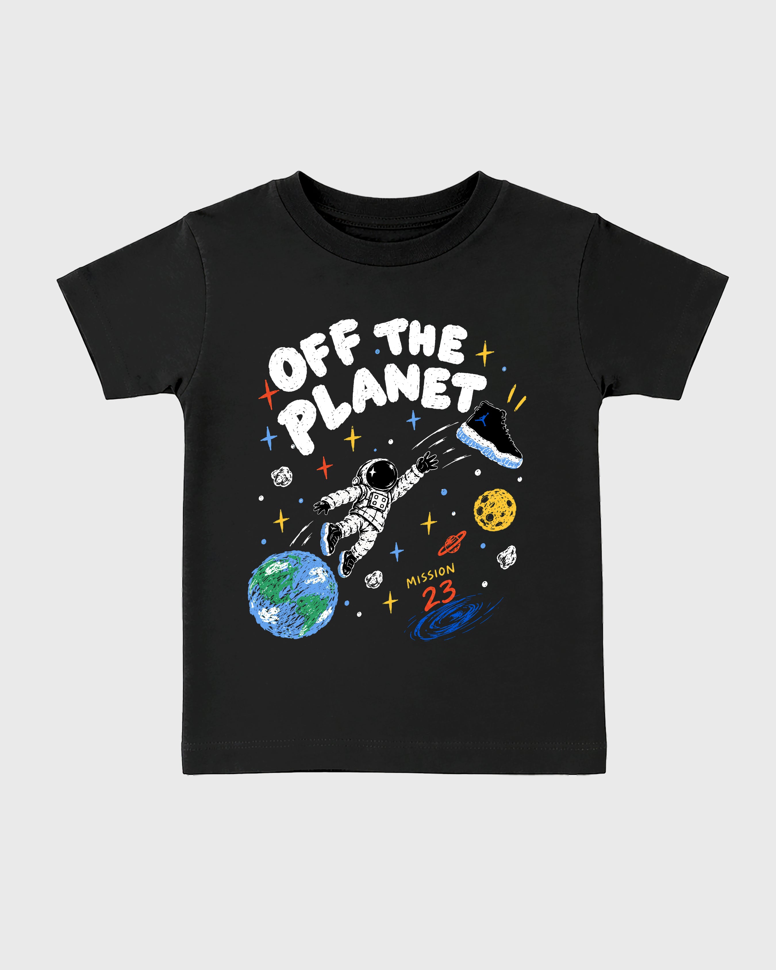 Off the Planet Baby & Kids Graphic T-Shirt featuring original artwork designed to match the Air Jordan 11 Retro Space Jam. Black 2 Kids Graphic Tee.