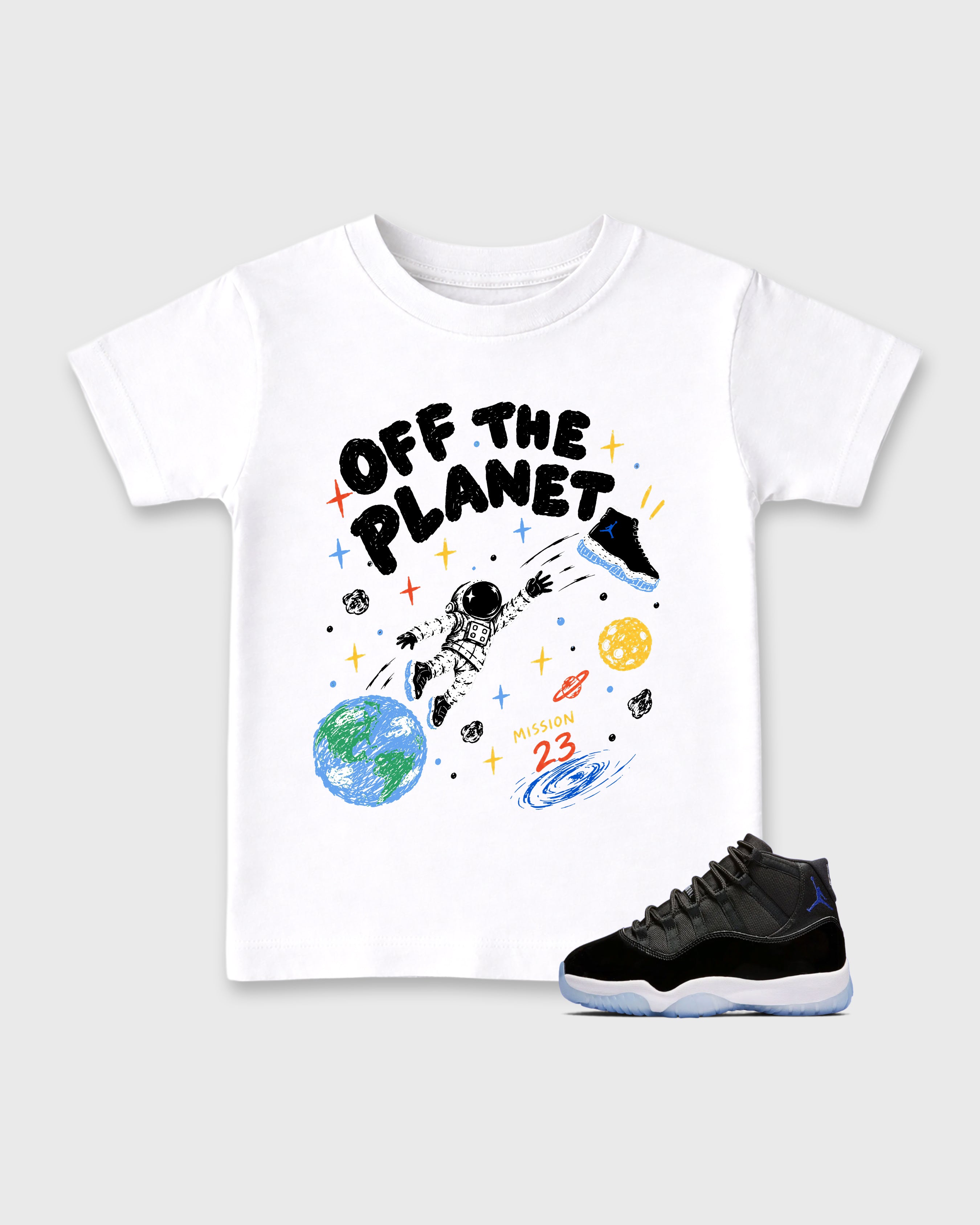 Off the Planet Baby & Kids Graphic T-Shirt featuring original artwork designed to match the Air Jordan 11 Retro Space Jam. White 1 Kids Graphic Tee.