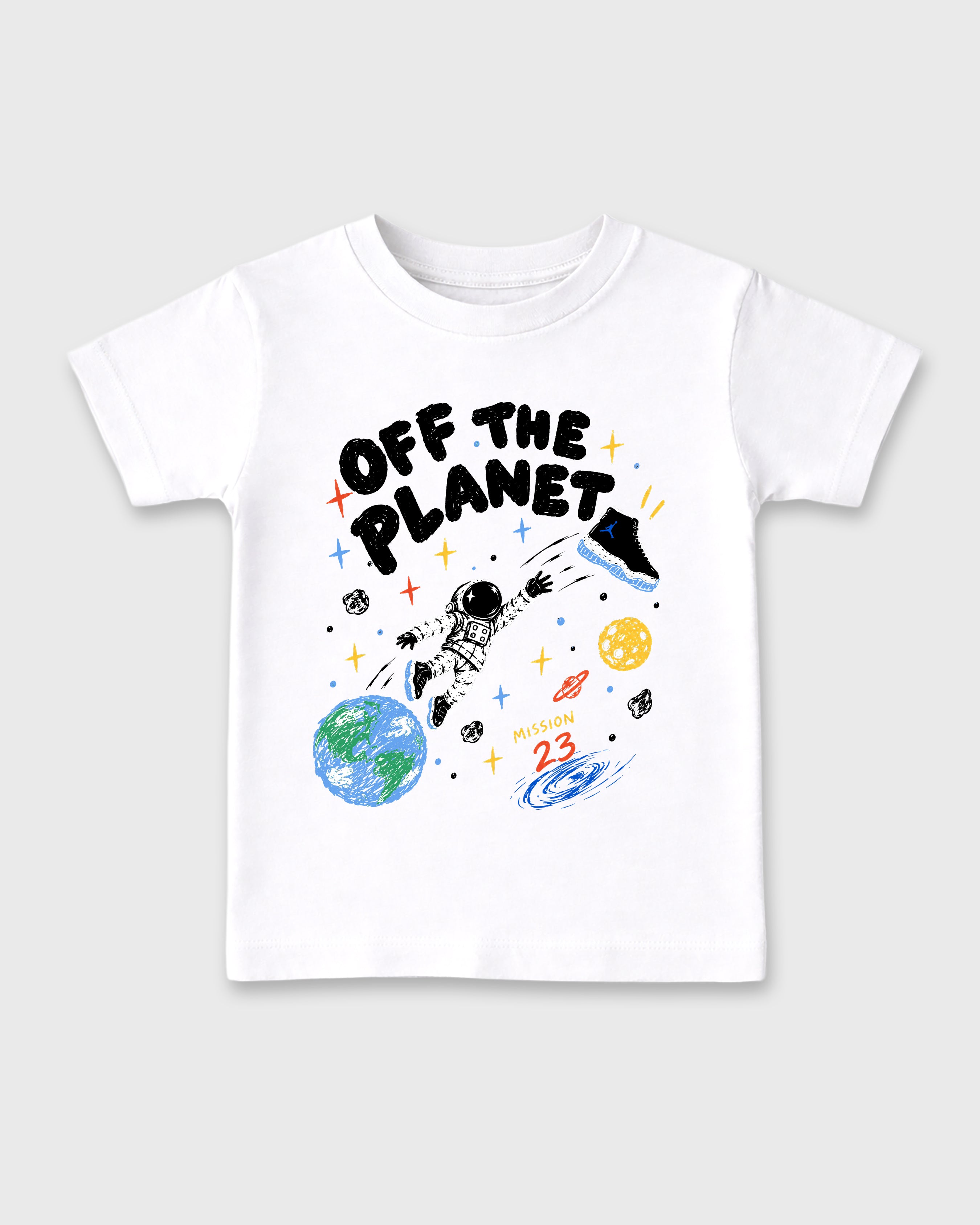 Off the Planet Baby & Kids Graphic T-Shirt featuring original artwork designed to match the Air Jordan 11 Retro Space Jam. White 2 Kids Graphic Tee.