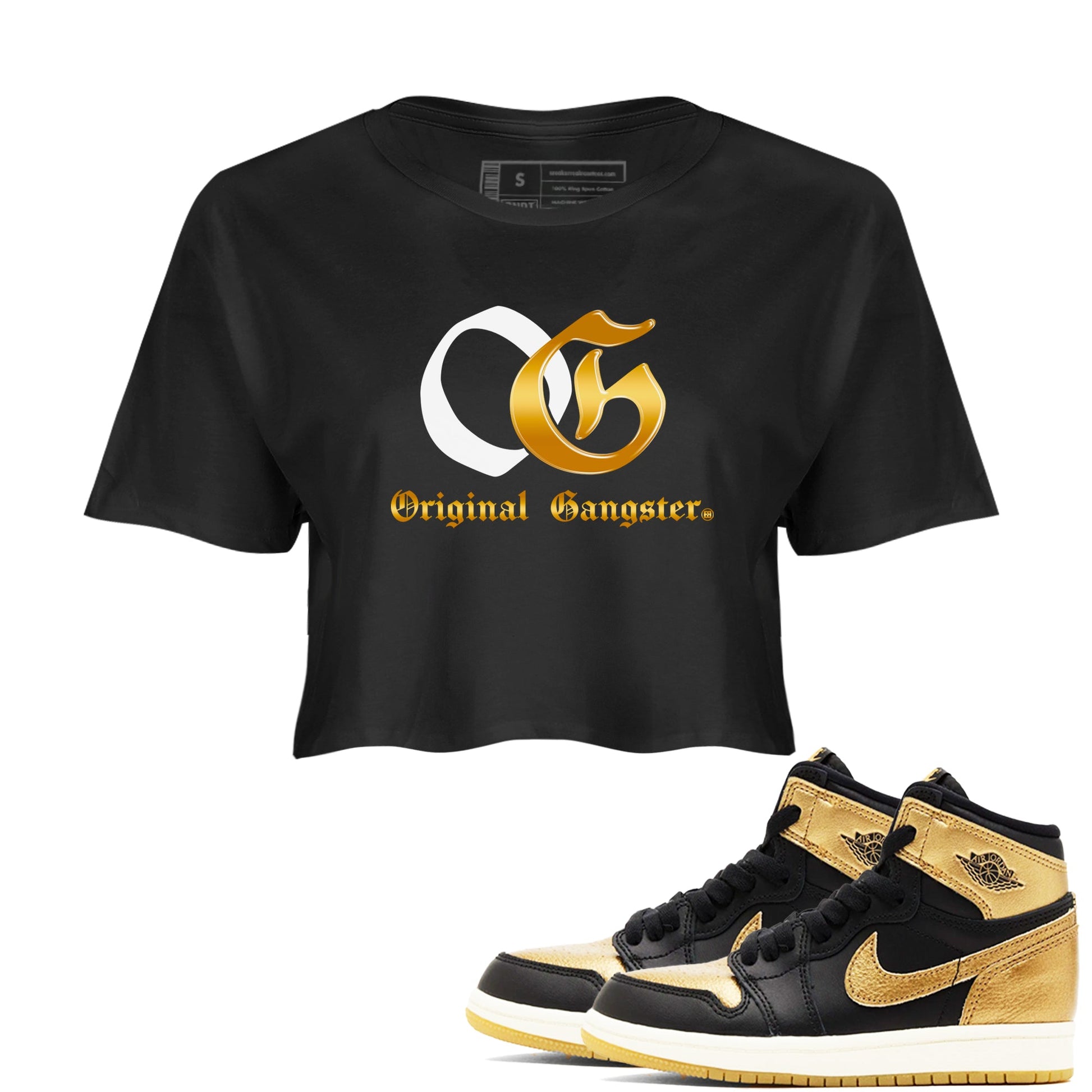 Jordan 1 High OG Black Black Metallic Gold shirts to match jordans OG sneaker match tees Air Jordan 1 Black Black Metallic Gold SNRT Sneaker Release Tees Clothing Sneakerhead ShirtsBlack 1 crop tee