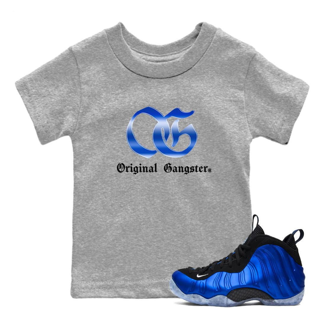 Air Foamposite One Royal Shirts To Match Jordans OG Gangster Sneaker Shirts Air Foamposite One Royal SNRT Sneaker Release Tees Baby Youth Toddler Heather Grey 1 crew neck shirts