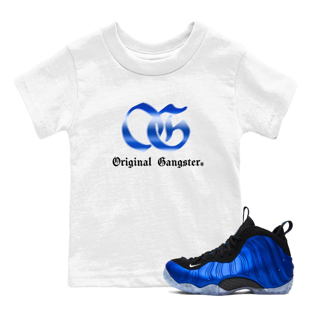 Air Foamposite One Royal Shirts To Match Jordans OG Gangster Sneaker Shirts Air Foamposite One Royal SNRT Sneaker Release Tees Baby Youth Toddler White 1 crew neck shirts