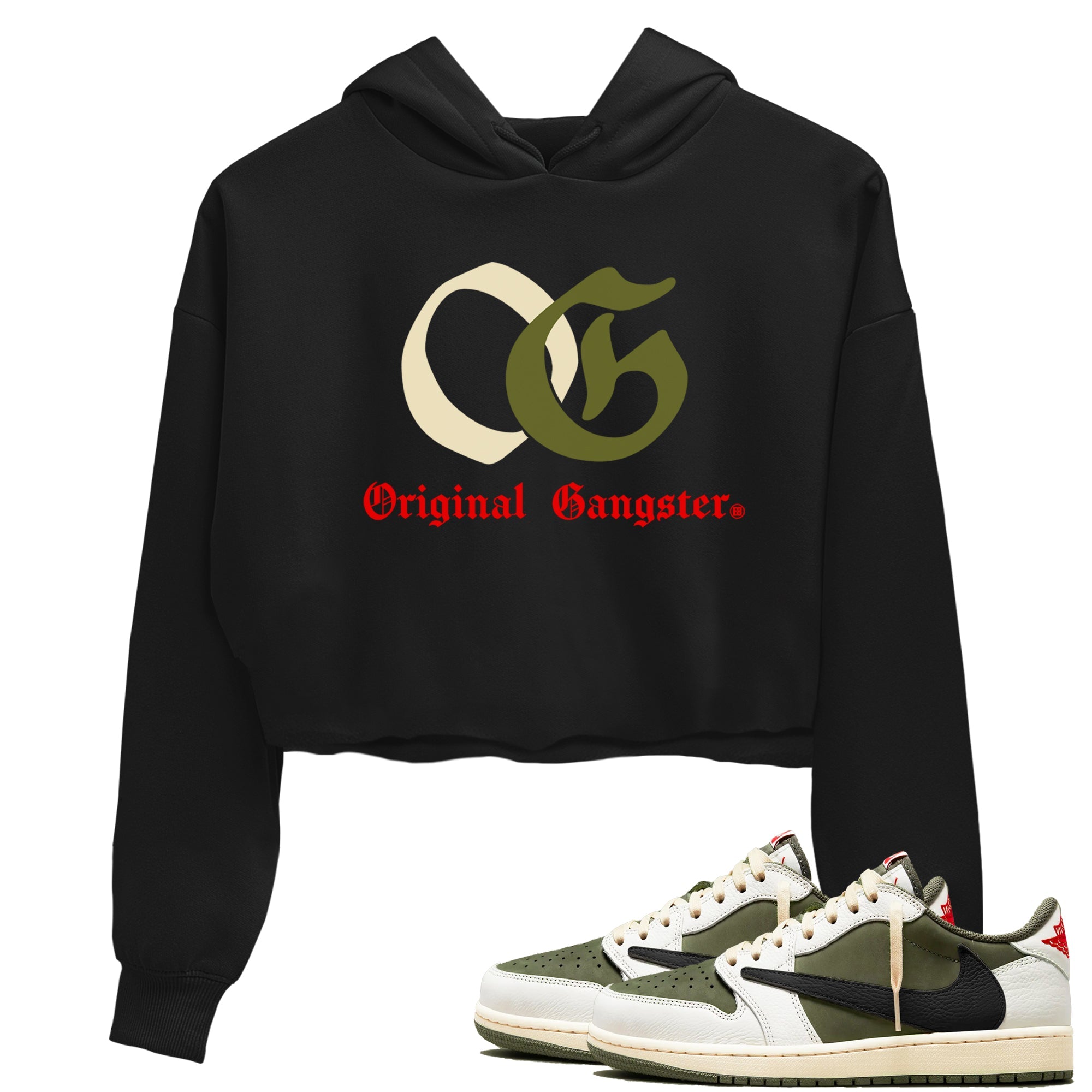 1s Travis Scott Medium Olive shirts to match jordans OG Original Gangster sneaker match tees Air Jordan 1 Travis Scott Medium Olive SNRT Sneaker Tees streetwear brand Black 1 crop tee