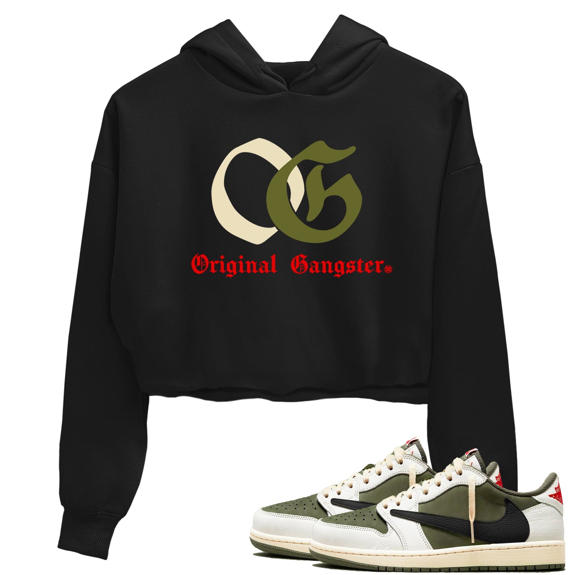 1s Travis Scott Medium Olive shirts to match jordans OG Original Gangster sneaker match tees Air Jordan 1 Travis Scott Medium Olive SNRT Sneaker Tees streetwear brand Black 1 crop tee