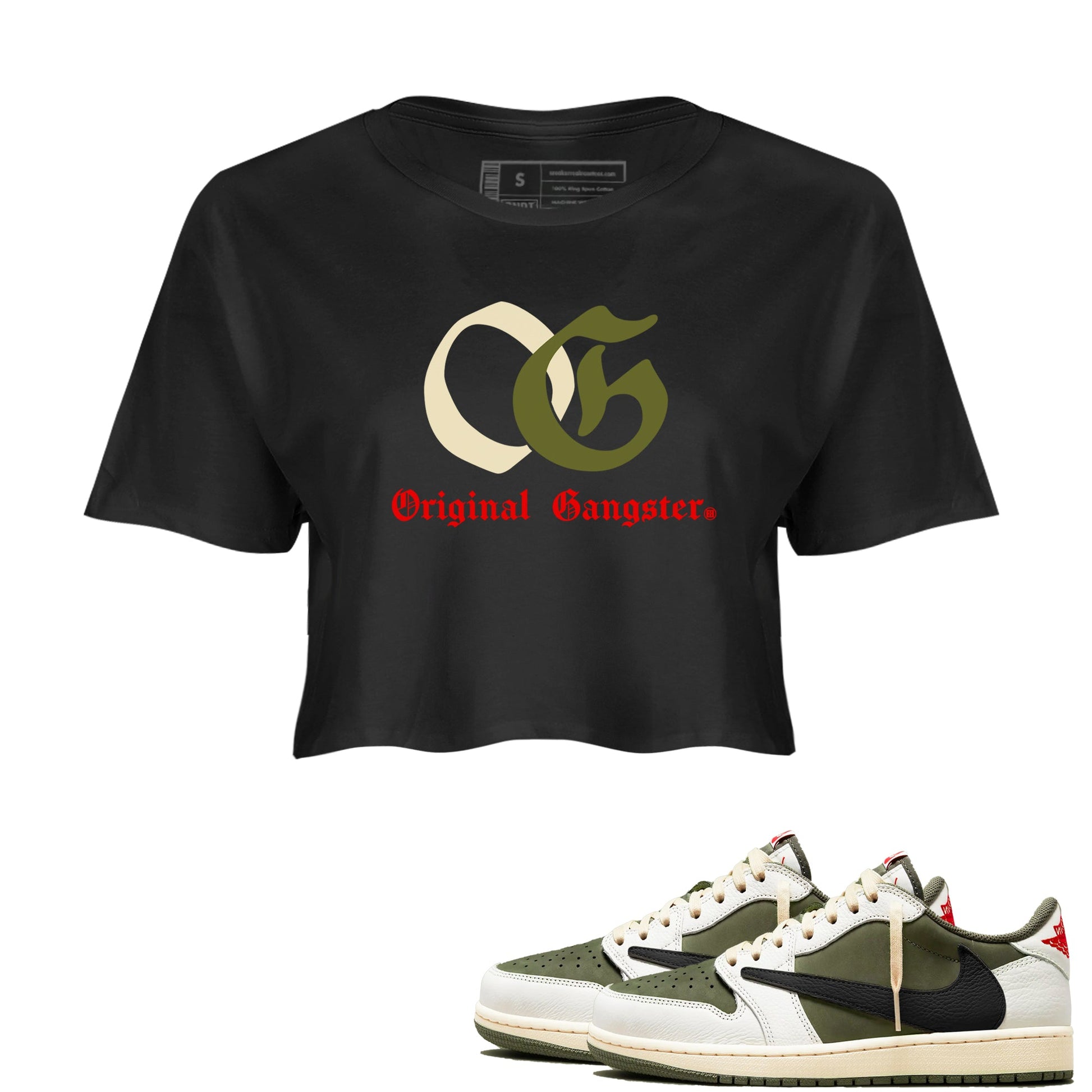 1s Travis Scott Medium Olive shirts to match jordans OG Original Gangster sneaker match tees Air Jordan 1 Travis Scott Medium Olive SNRT Sneaker Tees streetwear brand Black 1 crop tee