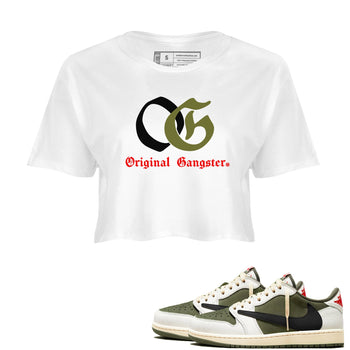 1s Travis Scott Medium Olive shirts to match jordans OG Original Gangster sneaker match tees Air Jordan 1 Travis Scott Medium Olive SNRT Sneaker Tees streetwear brand White 1 crop tee
