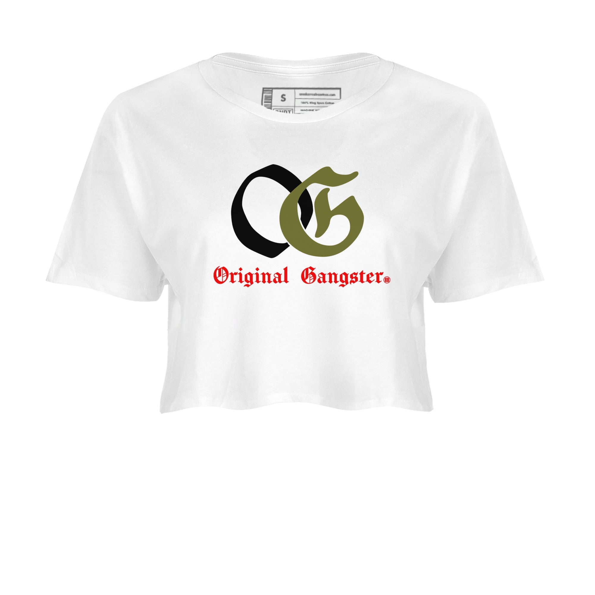 1s Travis Scott Medium Olive shirts to match jordans OG Original Gangster sneaker match tees Air Jordan 1 Travis Scott Medium Olive SNRT Sneaker Tees streetwear brand White 2 crop tee