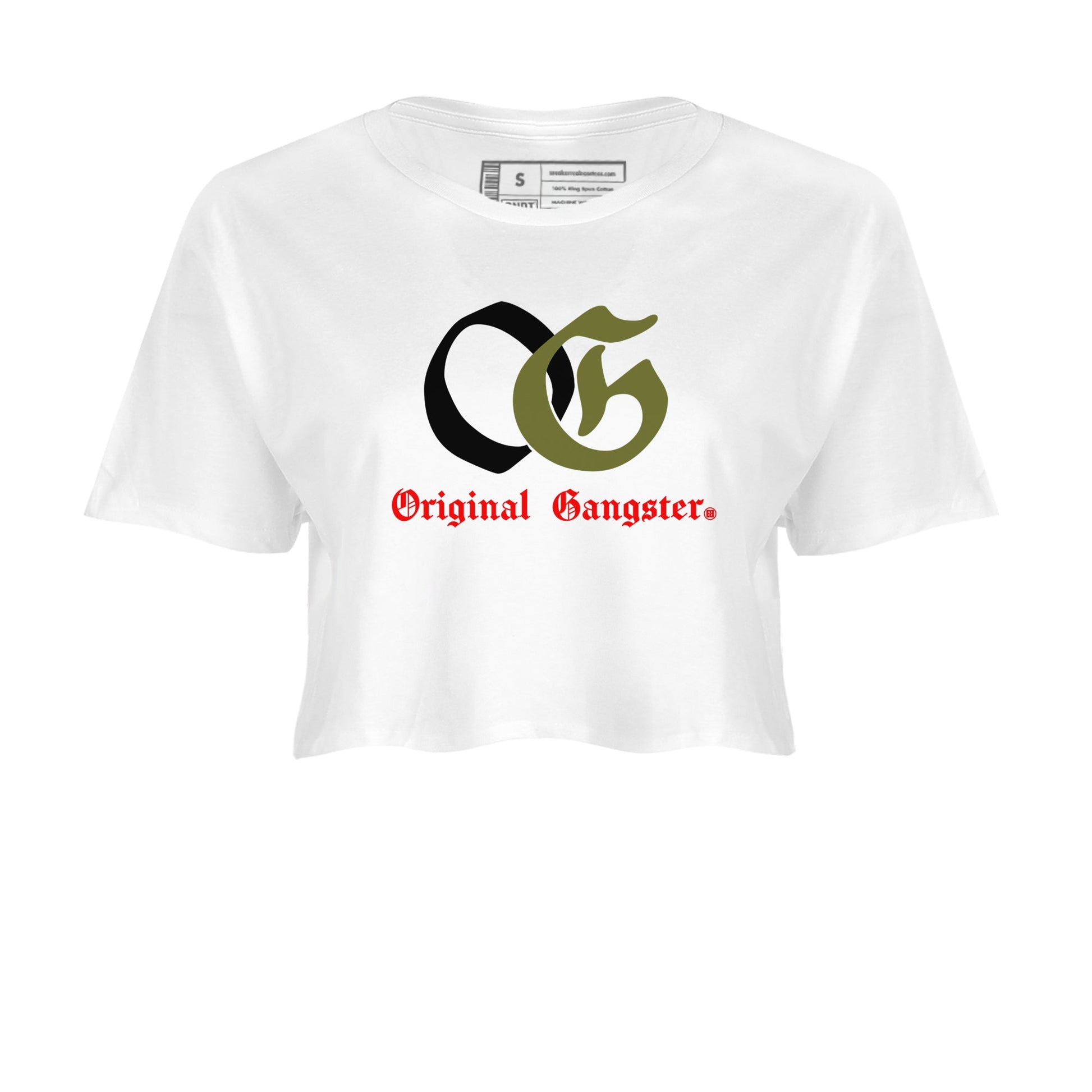 1s Travis Scott Medium Olive shirts to match jordans OG Original Gangster sneaker match tees Air Jordan 1 Travis Scott Medium Olive SNRT Sneaker Tees streetwear brand White 2 crop tee