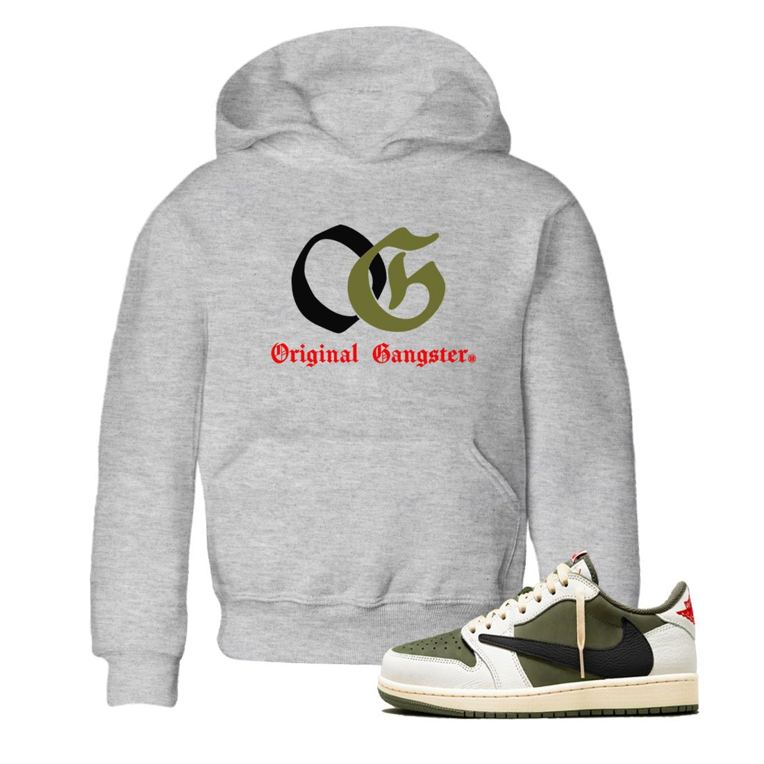 1s Travis Scott Medium Olive shirts to match jordans OG Original Gangster sneaker match tees Air Jordan 1 Travis Scott Medium Olive SNRT Sneaker Tees streetwear brand Baby and Youth Heather Grey 1 cotton tee