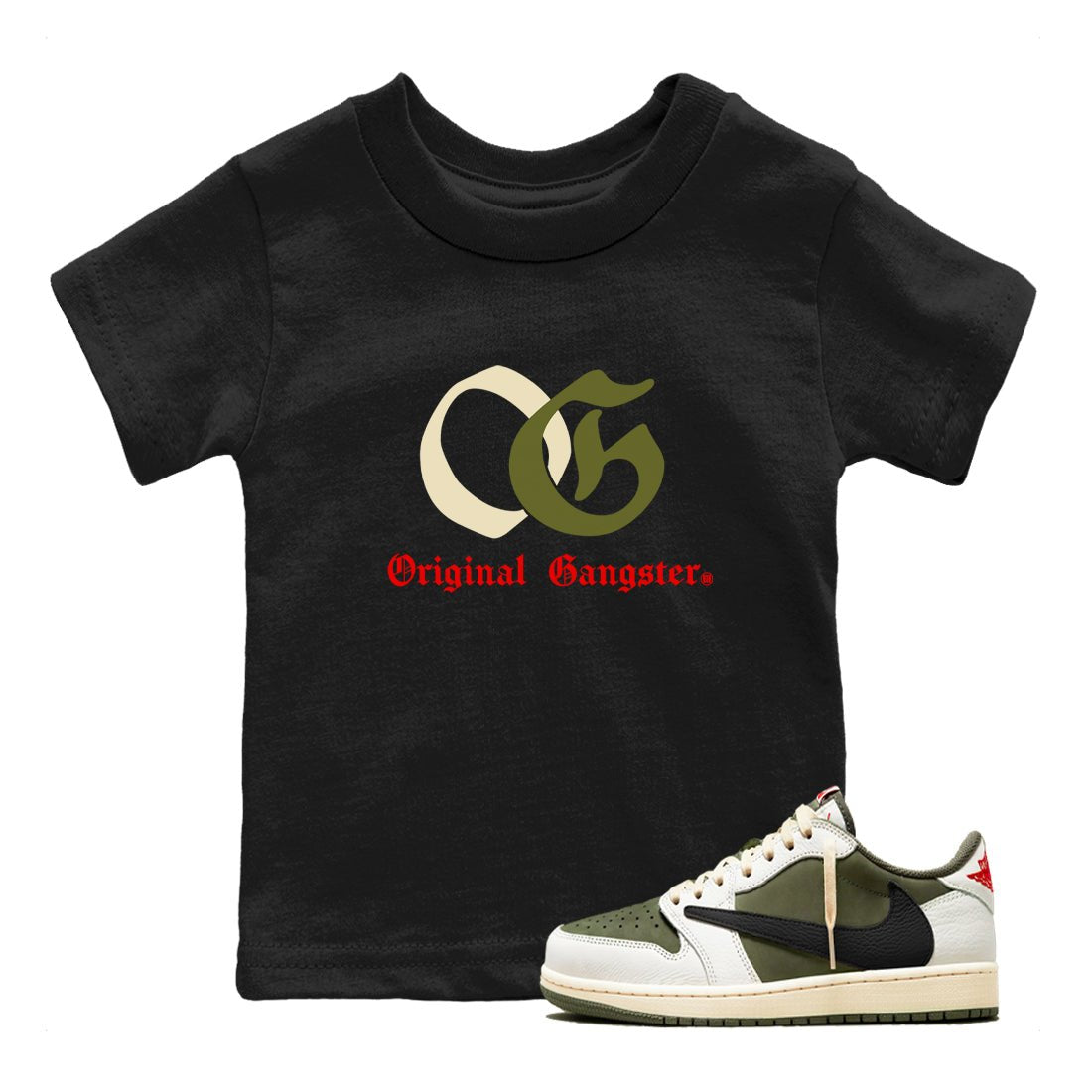 1s Travis Scott Medium Olive shirts to match jordans OG Original Gangster sneaker match tees Air Jordan 1 Travis Scott Medium Olive SNRT Sneaker Tees streetwear brand Baby and Youth Black 1 cotton tee