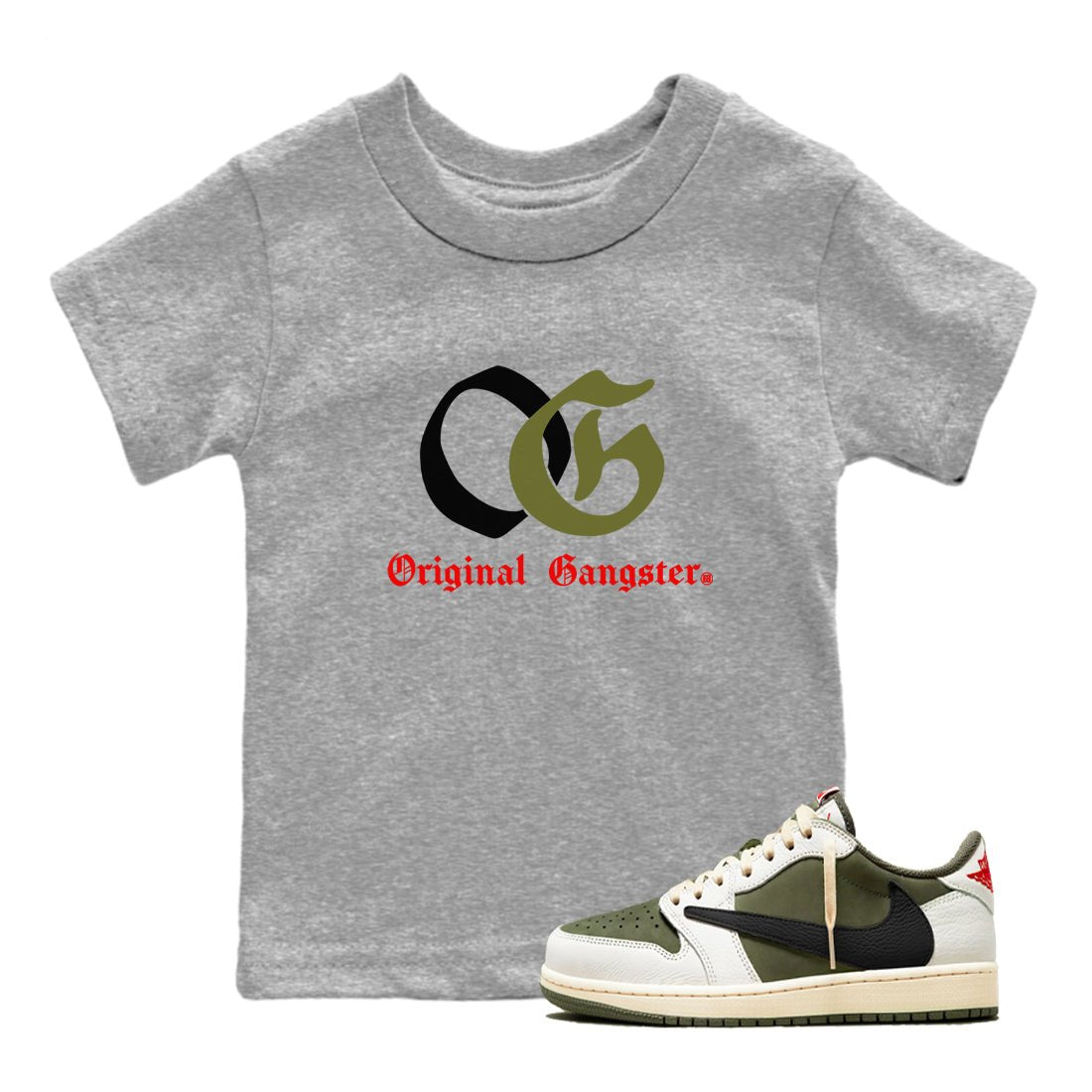 1s Travis Scott Medium Olive shirts to match jordans OG Original Gangster sneaker match tees Air Jordan 1 Travis Scott Medium Olive SNRT Sneaker Tees streetwear brand Baby and Youth Heather Grey 1 cotton tee