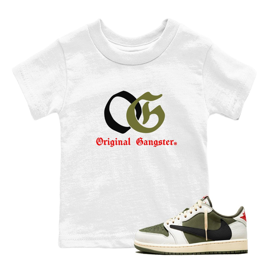 1s Travis Scott Medium Olive shirts to match jordans OG Original Gangster sneaker match tees Air Jordan 1 Travis Scott Medium Olive SNRT Sneaker Tees streetwear brand Baby and Youth White 1 cotton tee