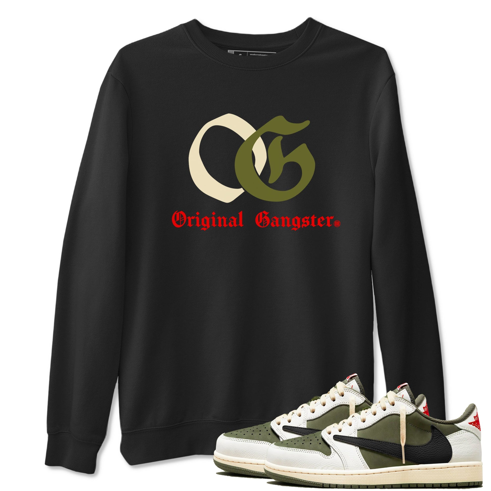 1s Travis Scott Medium Olive shirts to match jordans OG Original Gangster sneaker match tees Air Jordan 1 Travis Scott Medium Olive SNRT Sneaker Tees streetwear brand Black 1 unisex cotton tee