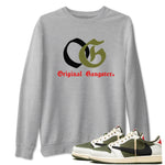 1s Travis Scott Medium Olive shirts to match jordans OG Original Gangster sneaker match tees Air Jordan 1 Travis Scott Medium Olive SNRT Sneaker Tees streetwear brand Heather Grey 1 unisex cotton tee