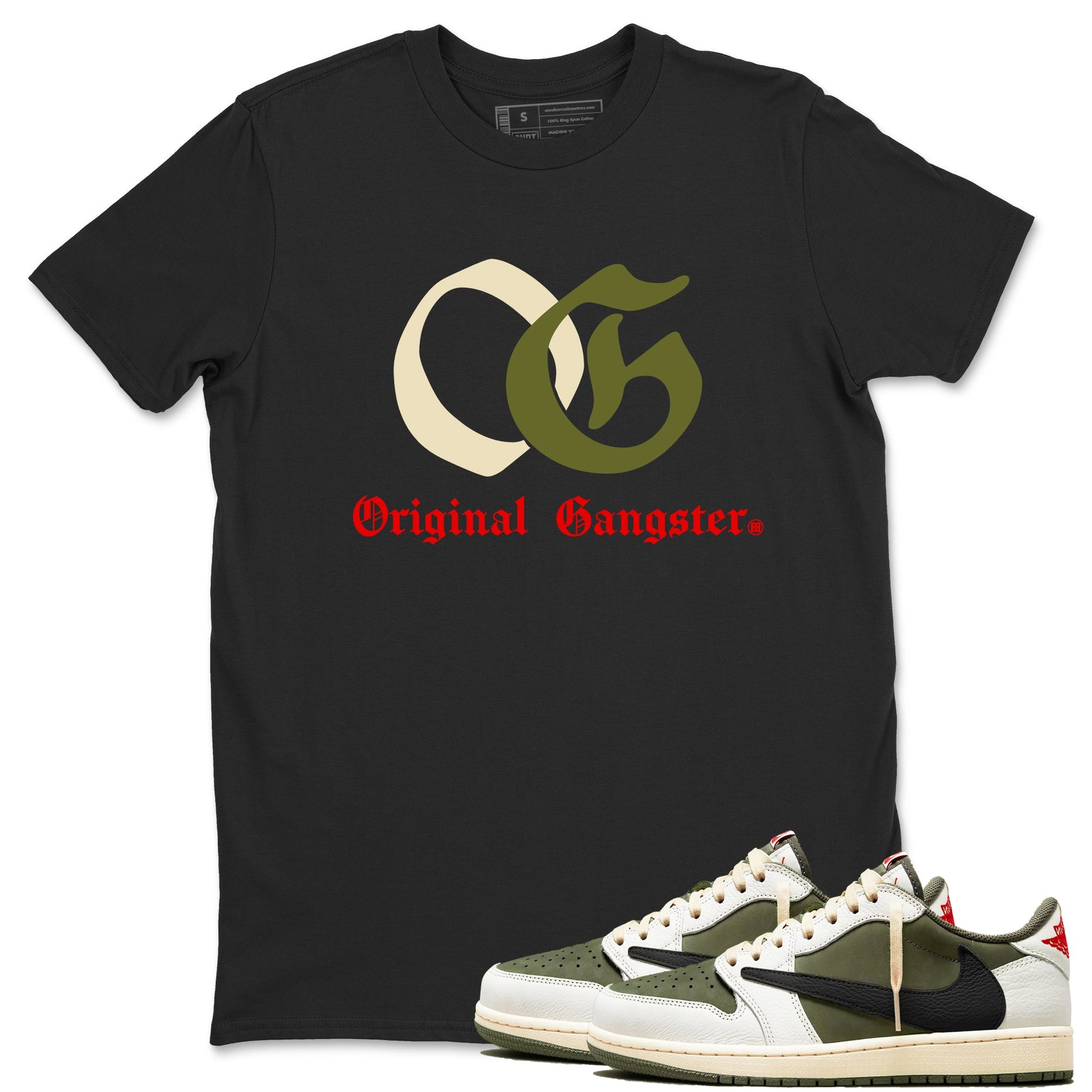 1s Travis Scott Medium Olive shirts to match jordans OG Original Gangster sneaker match tees Air Jordan 1 Travis Scott Medium Olive SNRT Sneaker Tees streetwear brand Black 1 unisex cotton tee