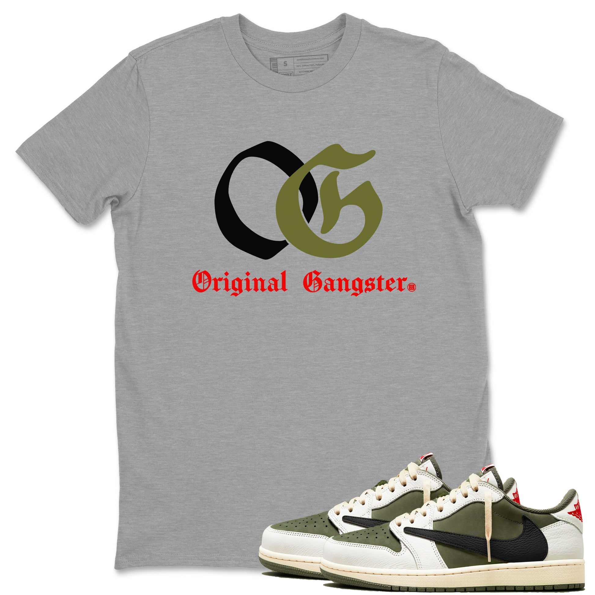 1s Travis Scott Medium Olive shirts to match jordans OG Original Gangster sneaker match tees Air Jordan 1 Travis Scott Medium Olive SNRT Sneaker Tees streetwear brand Heather Grey 1 unisex cotton tee