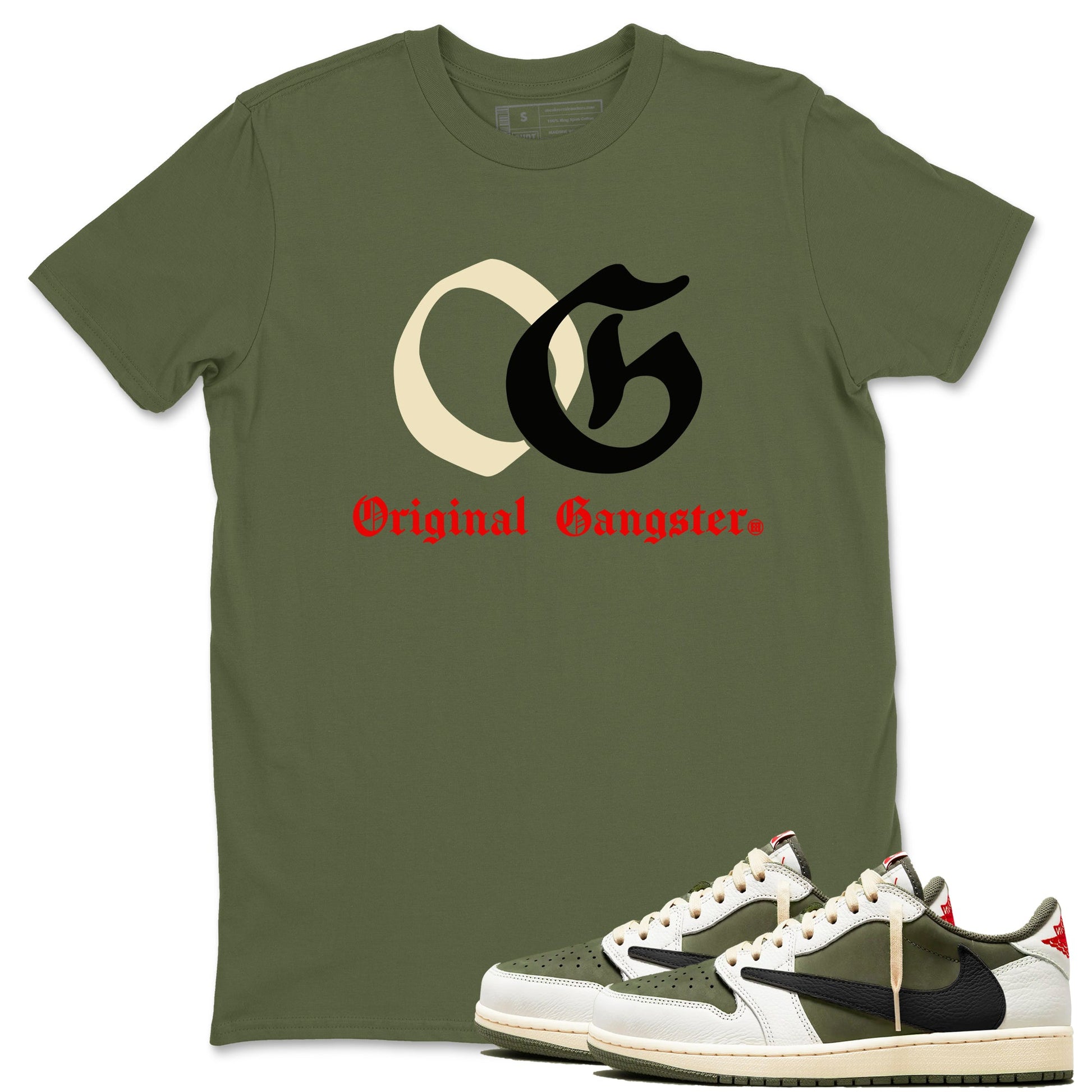 1s Travis Scott Medium Olive shirts to match jordans OG Original Gangster sneaker match tees Air Jordan 1 Travis Scott Medium Olive SNRT Sneaker Tees streetwear brand Military Green 1 unisex cotton tee