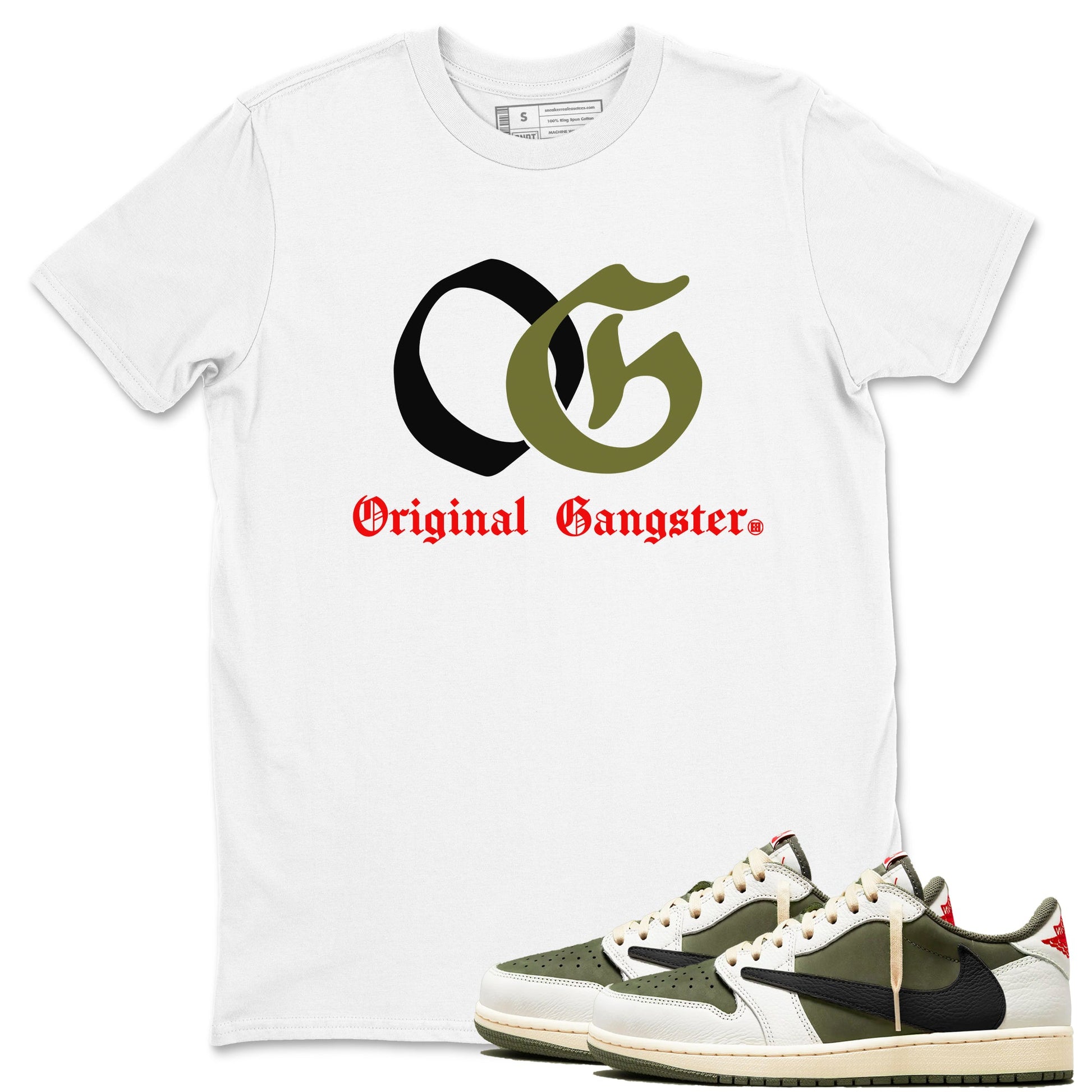 1s Travis Scott Medium Olive shirts to match jordans OG Original Gangster sneaker match tees Air Jordan 1 Travis Scott Medium Olive SNRT Sneaker Tees streetwear brand White 1 unisex cotton tee