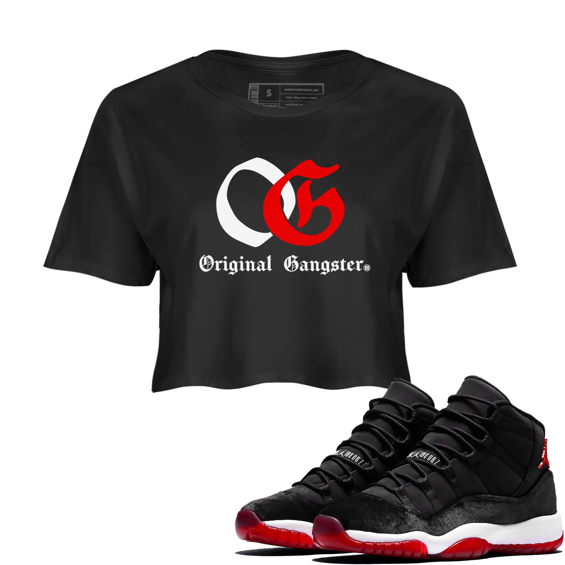 11s Bred Velvet shirts to match jordans OG Original Gangster sneaker match tees Air Jordan 11 Bred Velvet SNRT Sneaker Release Tees unisex cotton Black 1 Crop Shirts