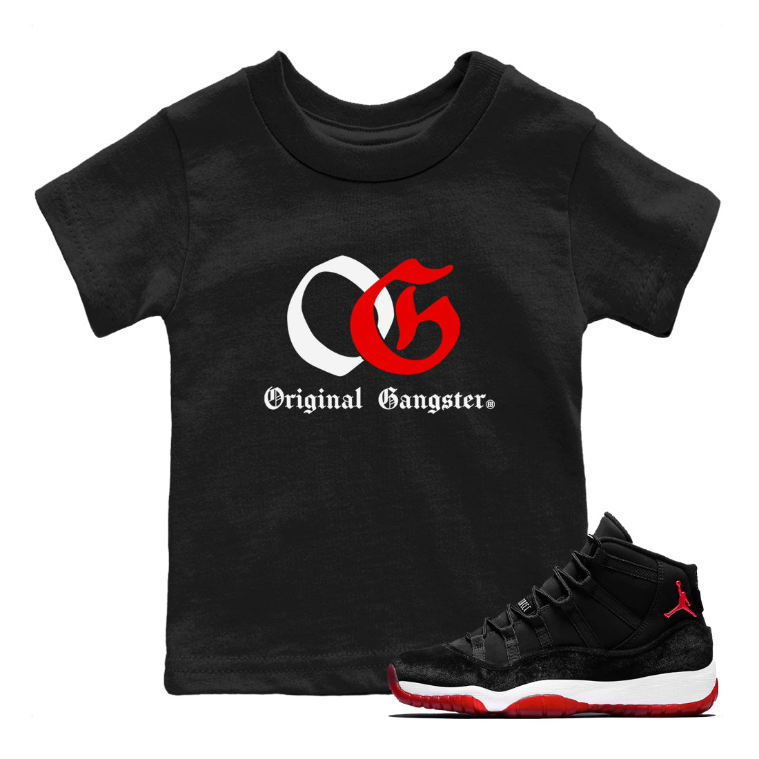 11s Bred Velvet shirts to match jordans OG Original Gangster sneaker match tees Air Jordan 11 Bred Velvet SNRT Sneaker Release Tees Youth Baby Black 1 crew neck shirts
