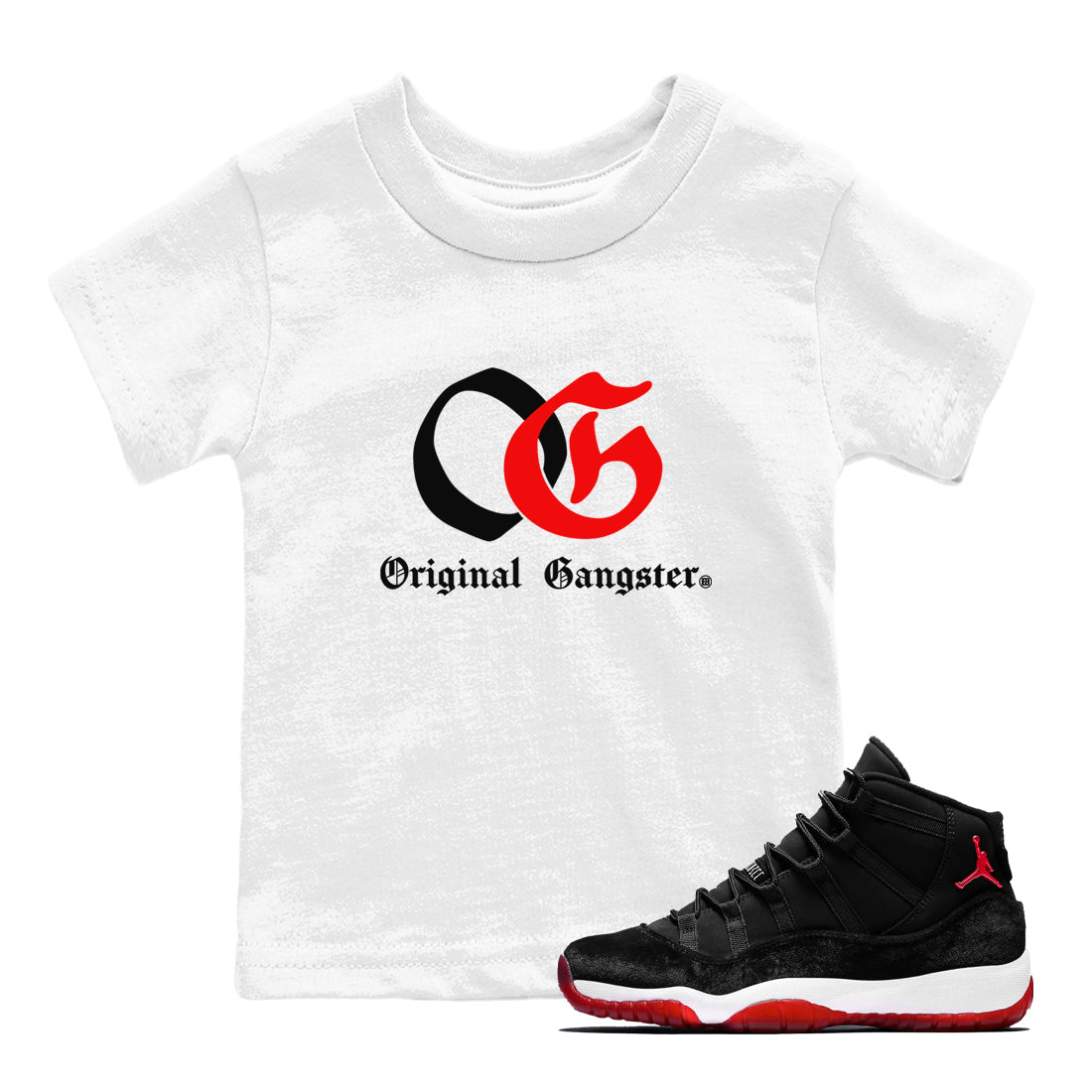 11s Bred Velvet shirts to match jordans OG Original Gangster sneaker match tees Air Jordan 11 Bred Velvet SNRT Sneaker Release Tees Youth Baby White 1 crew neck shirts