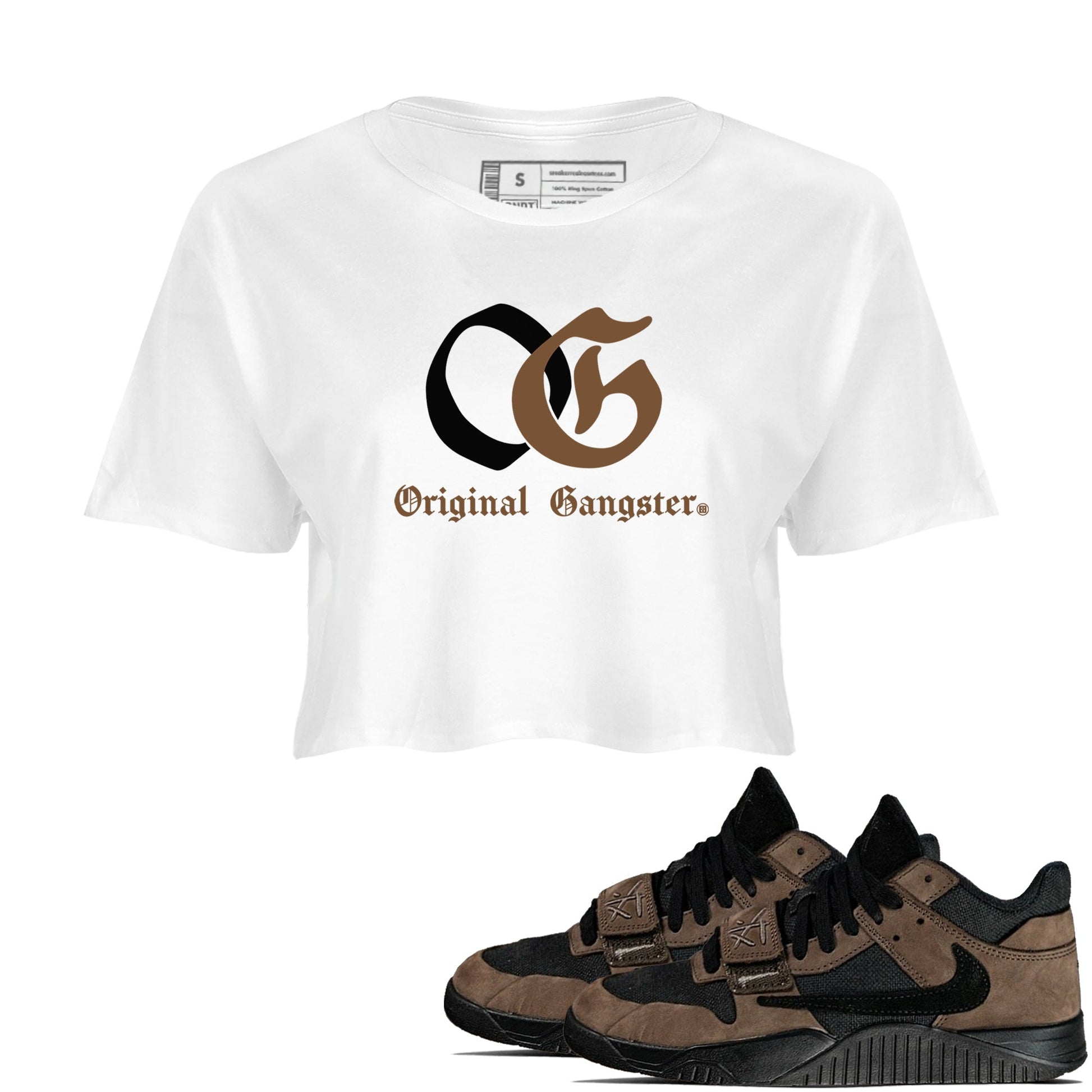 Jordan Jumpman Jack TR Travis Scott Dark Mocha shirts to match jordans OG Original Gangster sneaker match tees Jordan Jumpman Jack Travis Scott Dark Mocha match shoes to clothes SNRT Sneaker Tees unisex cotton White 1 crop tee