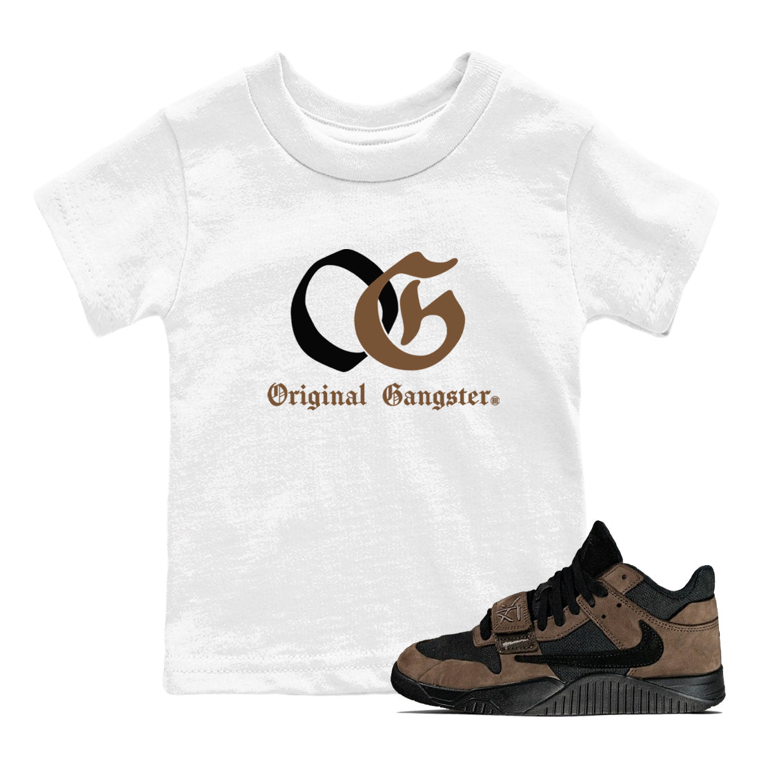 Jordan Jumpman Jack TR Travis Scott Dark Mocha shirts to match jordans OG Original Gangster sneaker match tees Jordan Jumpman Jack Travis Scott Dark Mocha match shoes to clothes SNRT Sneaker Tees Youth Baby White 1 tee